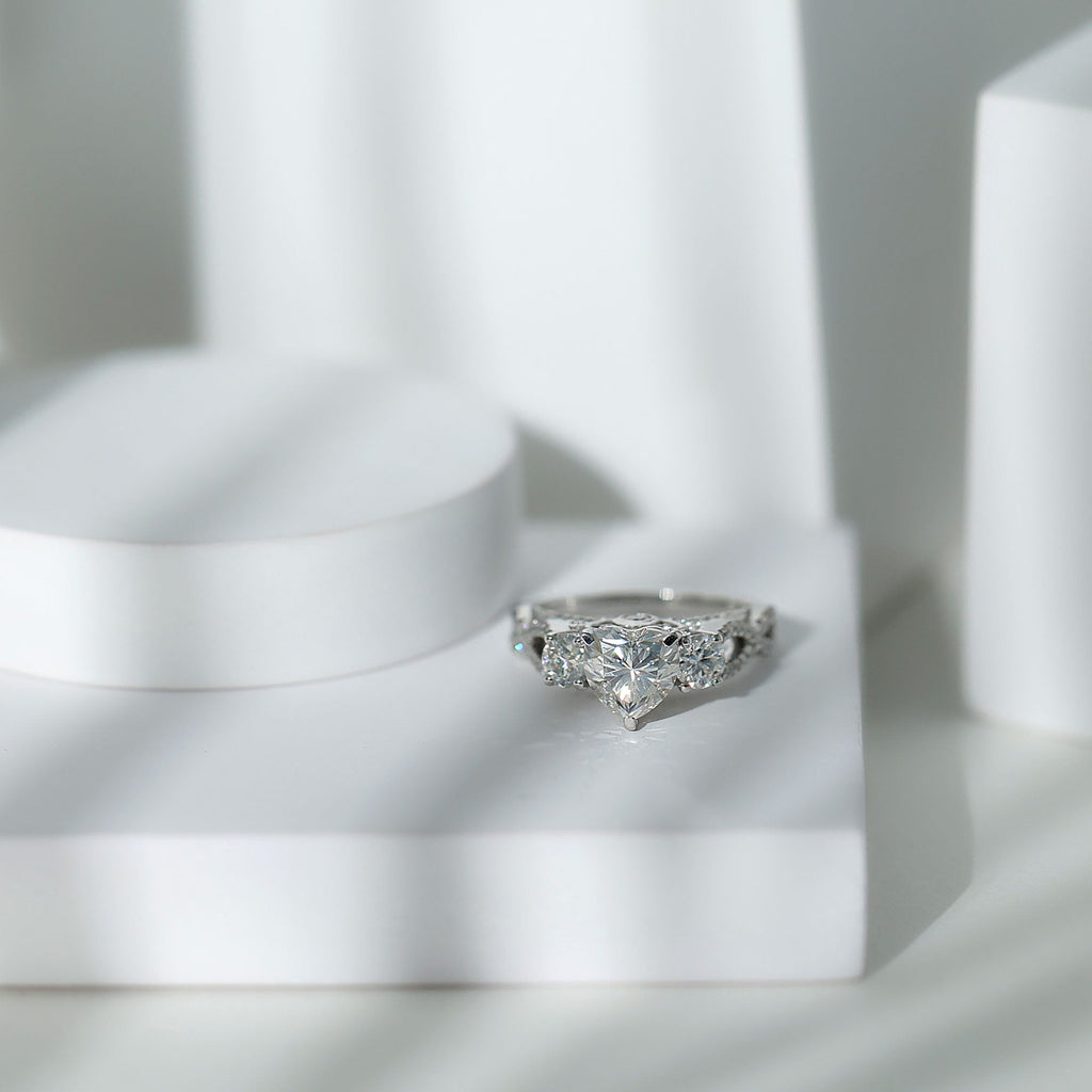Heart Moissanite 3 Stone Engagement Ring in Crossover Band