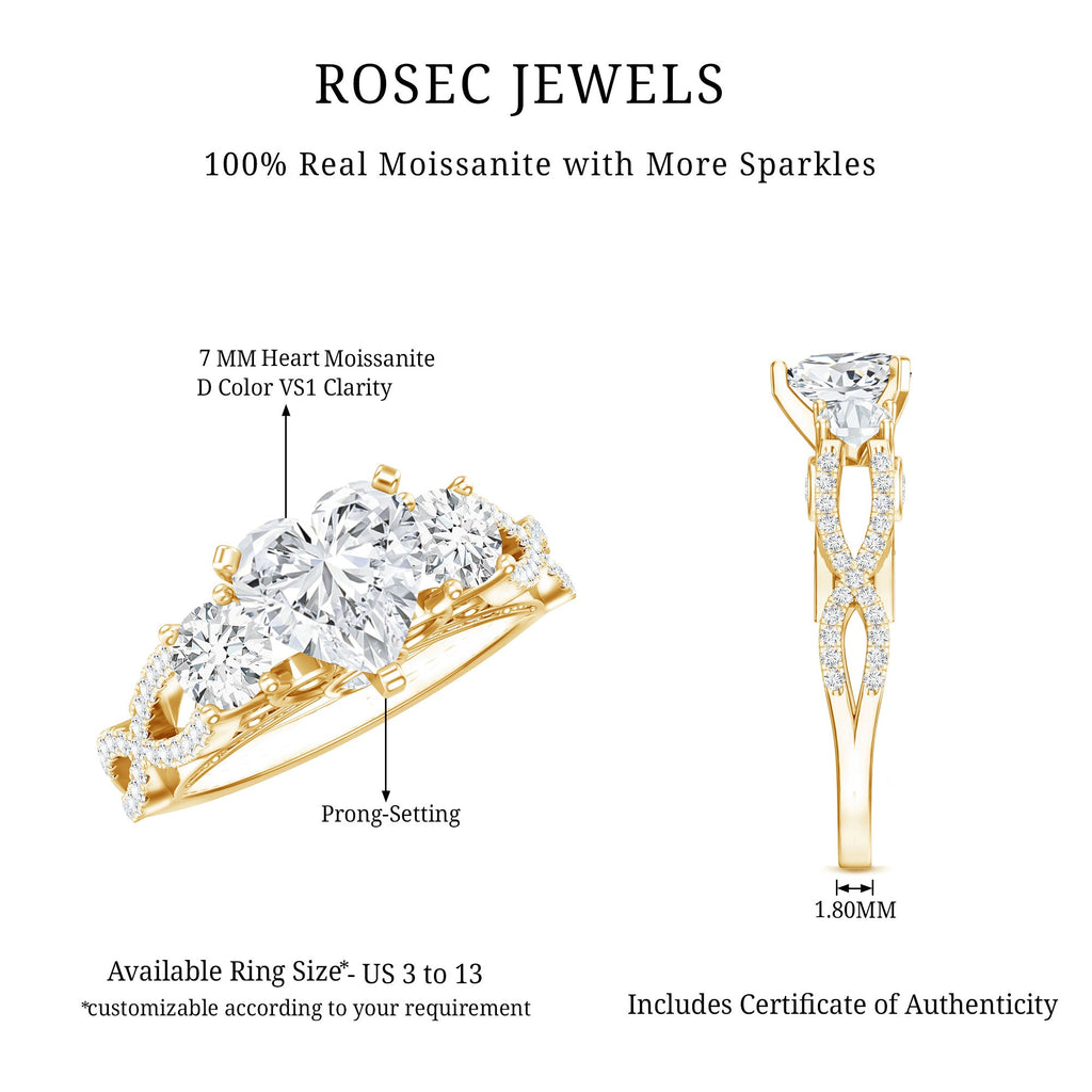 Heart Moissanite 3 Stone Engagement Ring in Crossover Band