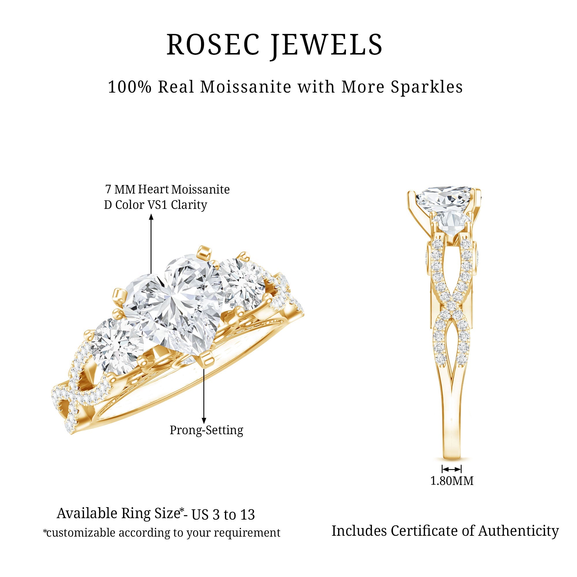 Heart Moissanite 3 Stone Engagement Ring in Crossover Band