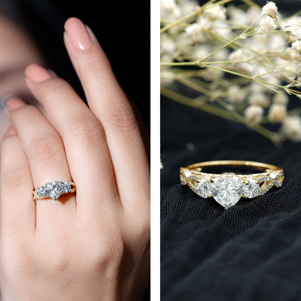 Heart Moissanite 3 Stone Engagement Ring in Crossover Band