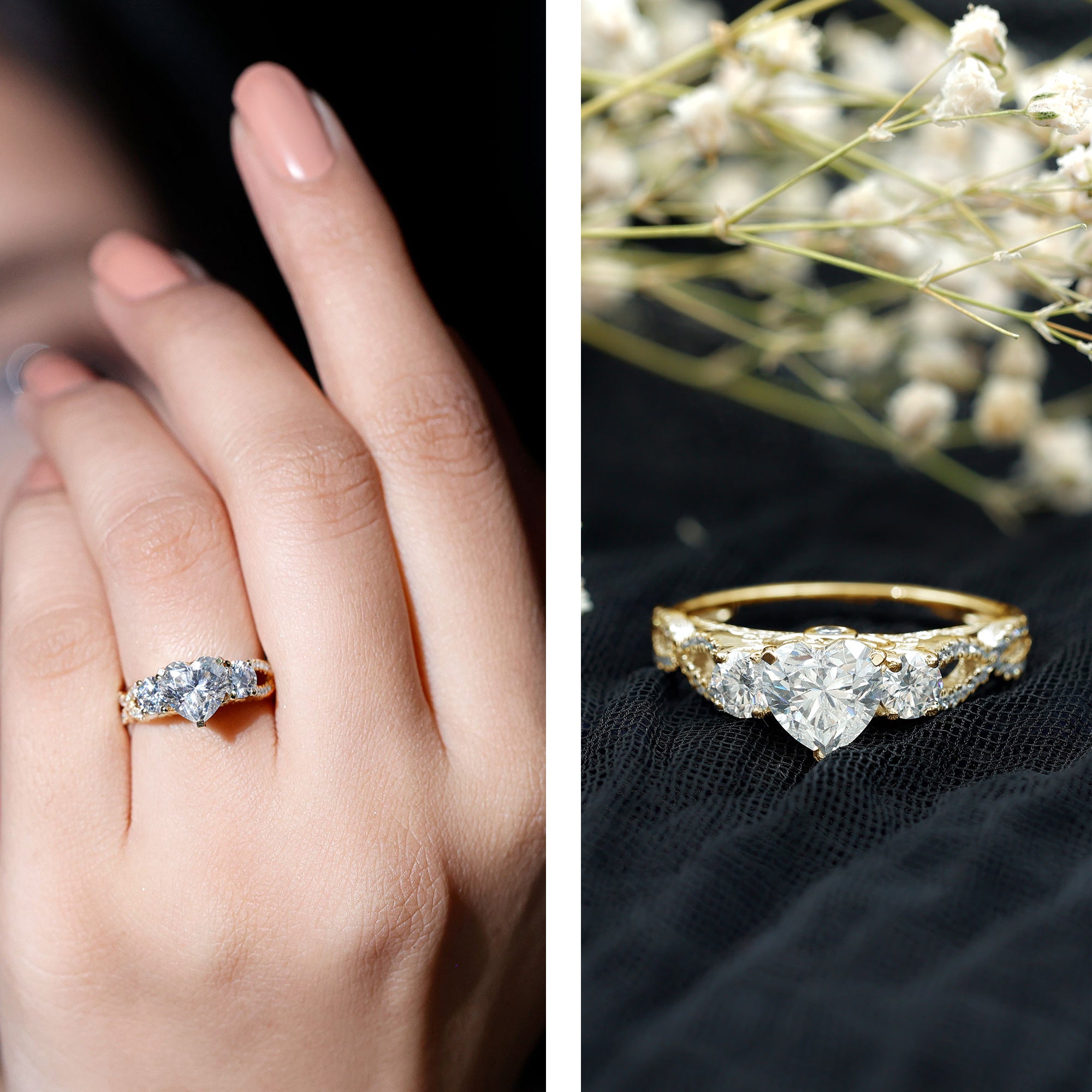 Heart Moissanite 3 Stone Engagement Ring in Crossover Band