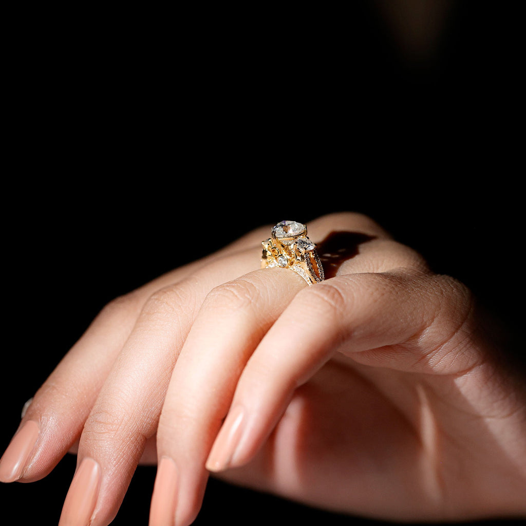 Heart Moissanite 3 Stone Engagement Ring in Crossover Band