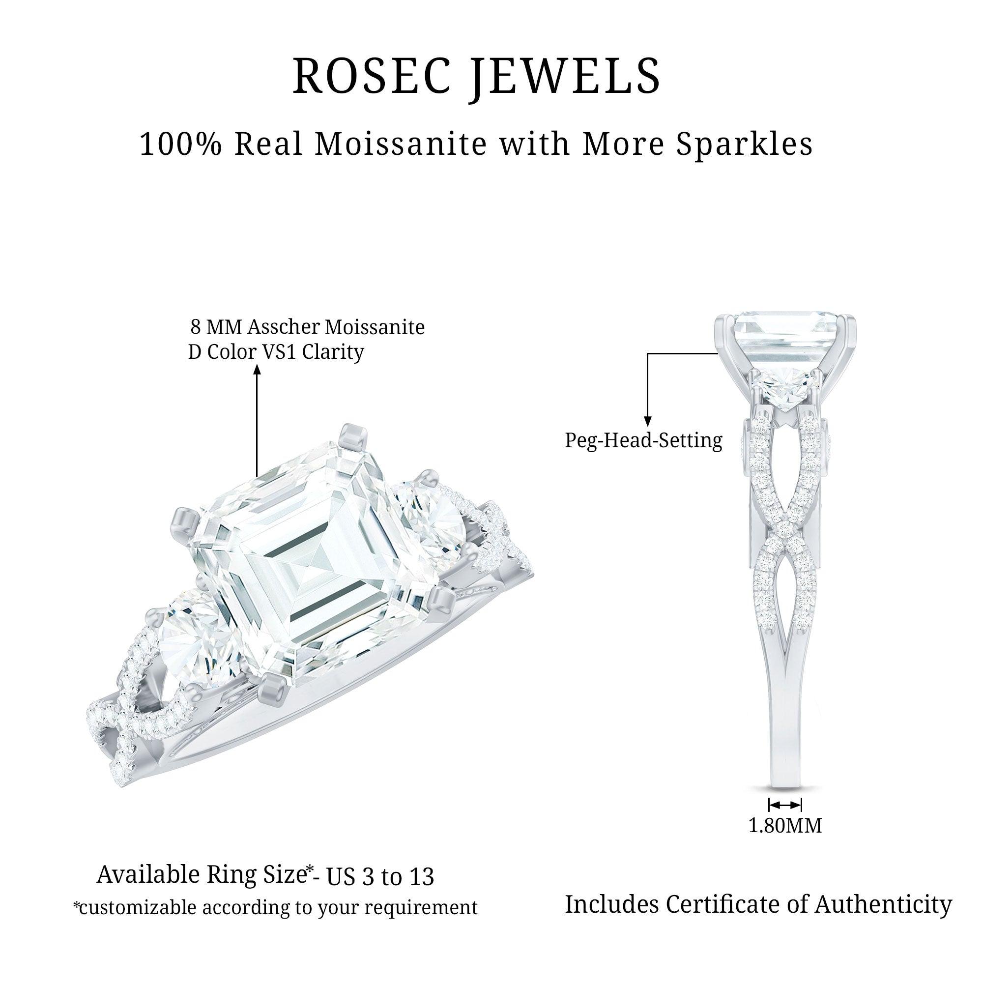 Asscher Cut Certified Moissanite Vintage Looking Engagement Ring