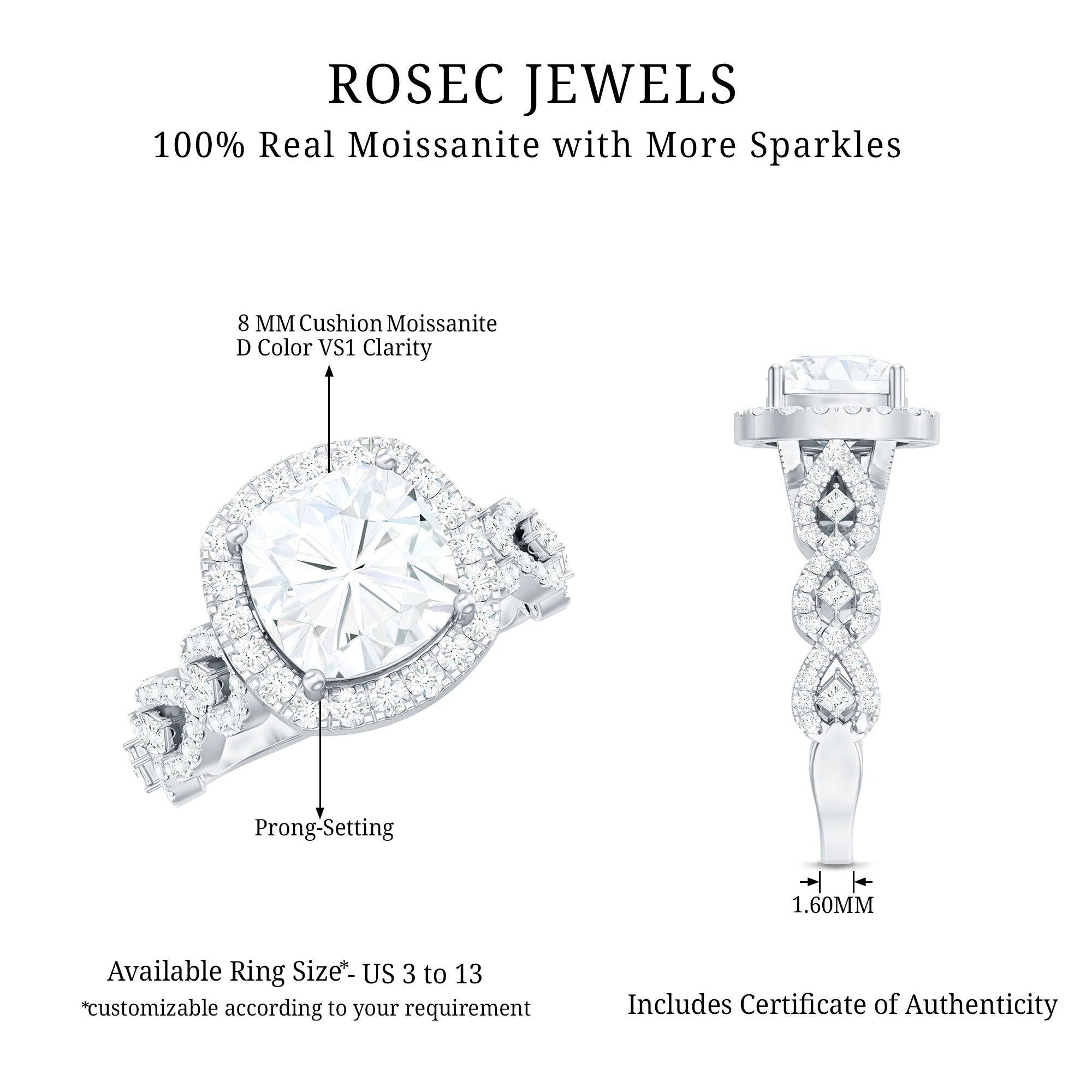 8 MM Cushion Cut Moissanite Vintage Inspired Engagement Ring