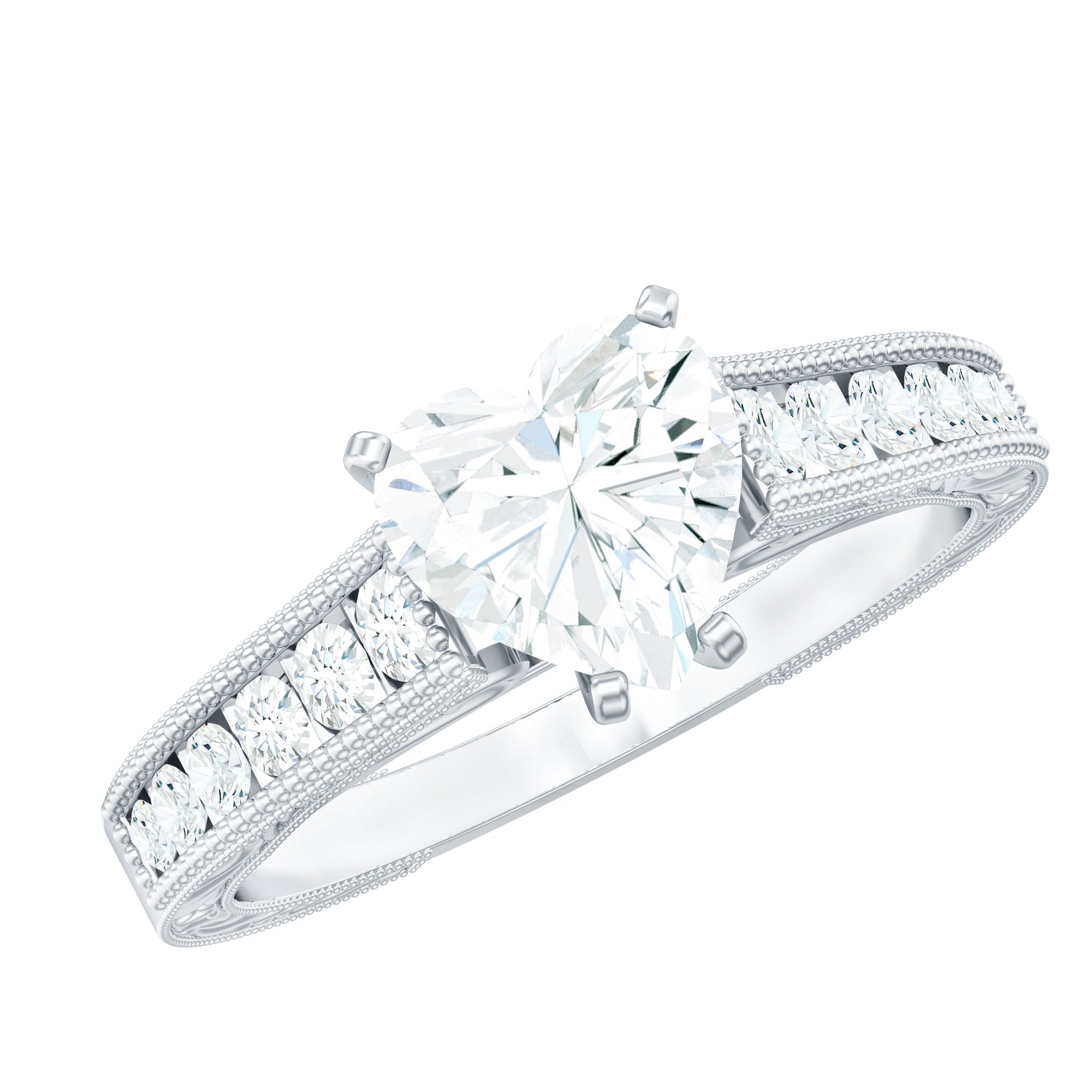 2 CT Moissanite Heart Engagement Ring with Beaded Details