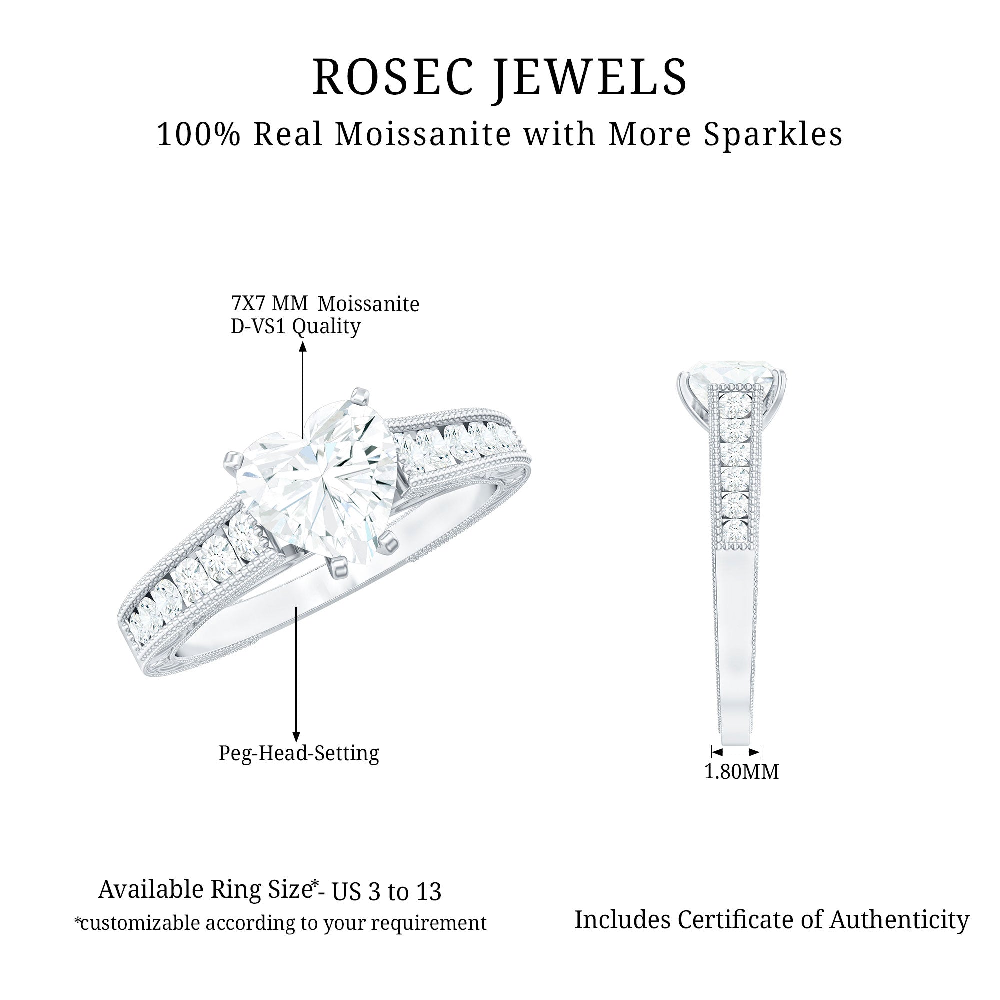 2 CT Moissanite Heart Engagement Ring with Beaded Details