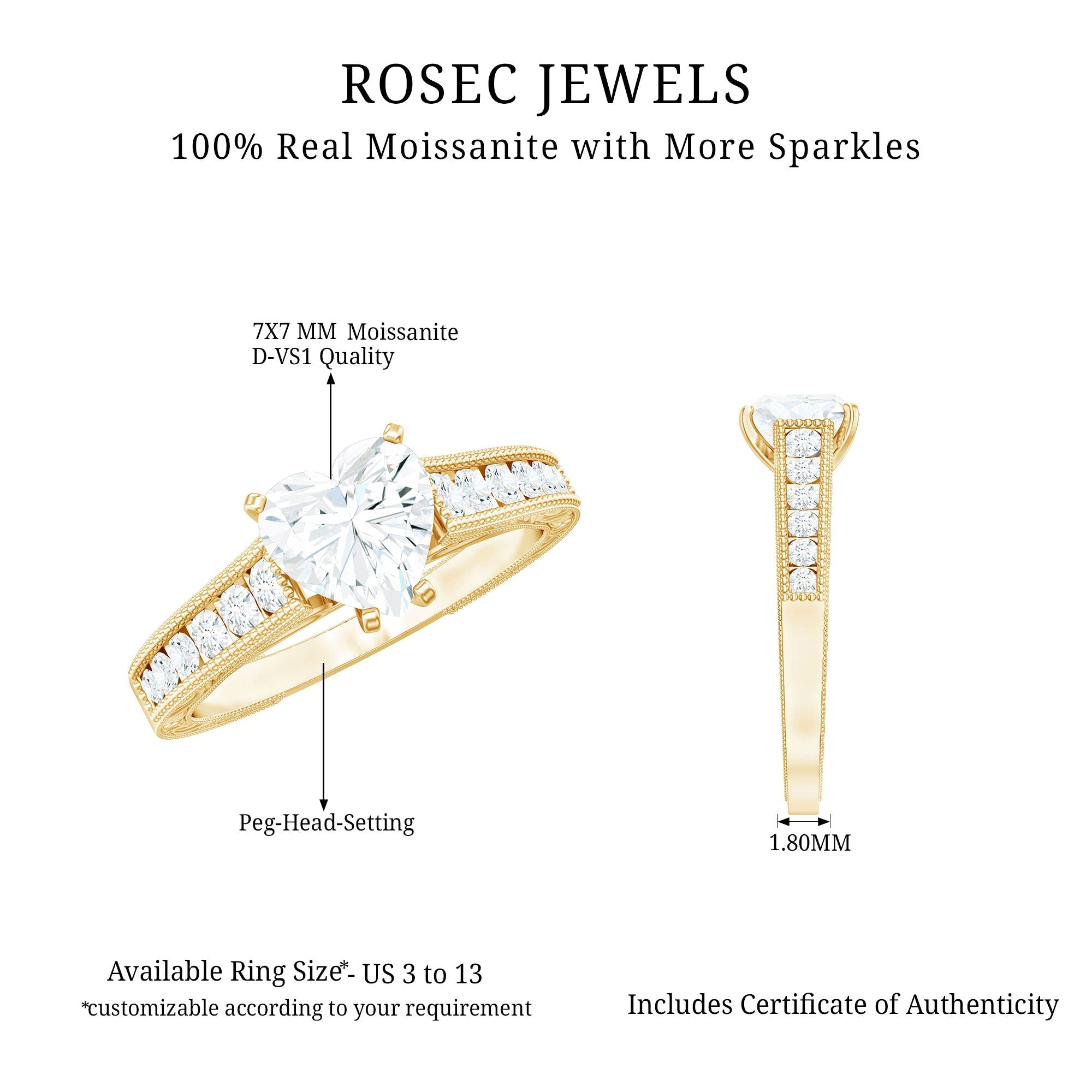 2 CT Moissanite Heart Engagement Ring with Beaded Details