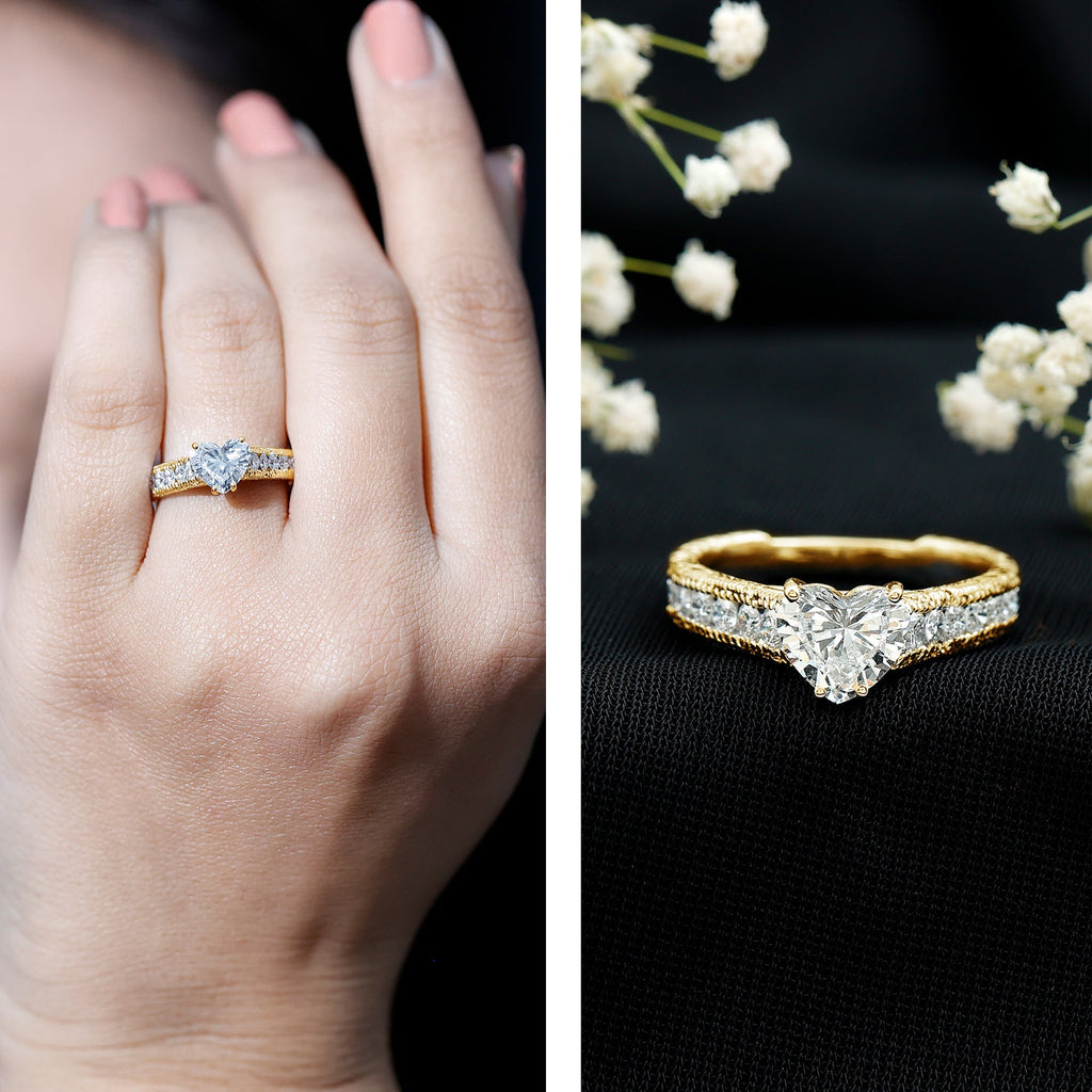 2 CT Moissanite Heart Engagement Ring with Beaded Details