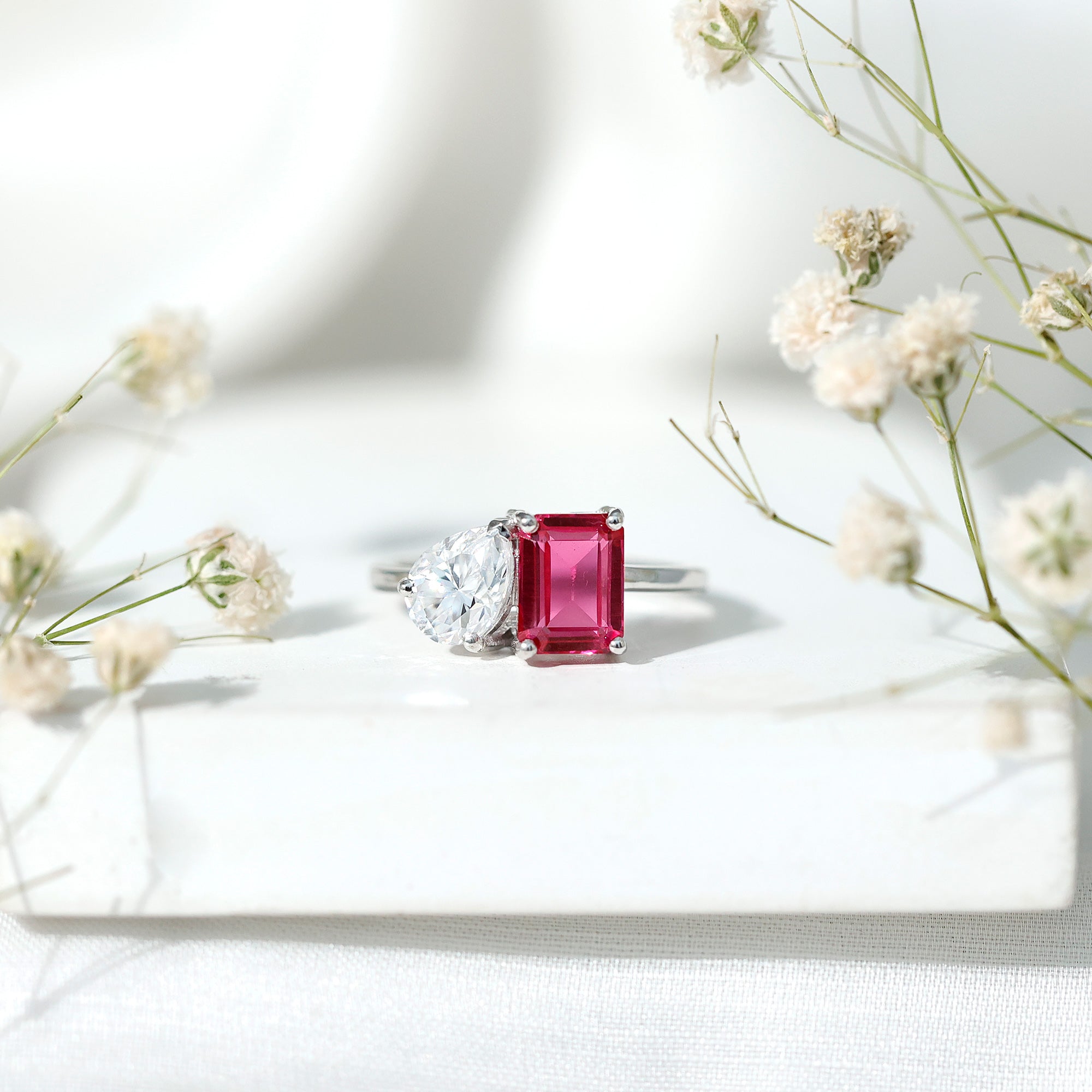Toi Et Moi Ring with Created Pink Sapphire and Moissanite