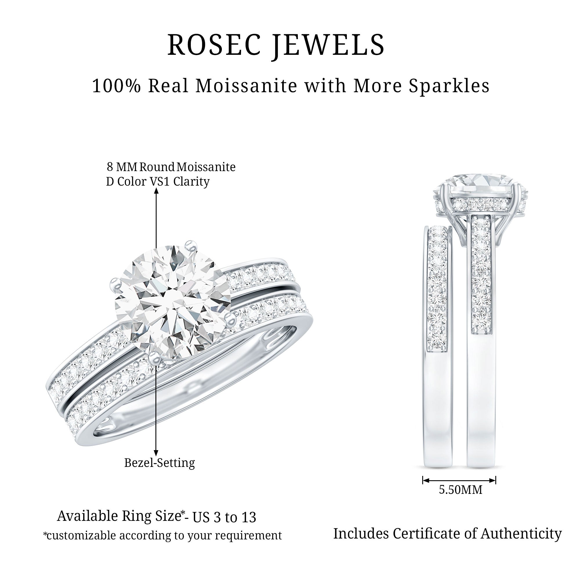 Certified 8 MM Moissanite Solitaire Wedding Ring Set