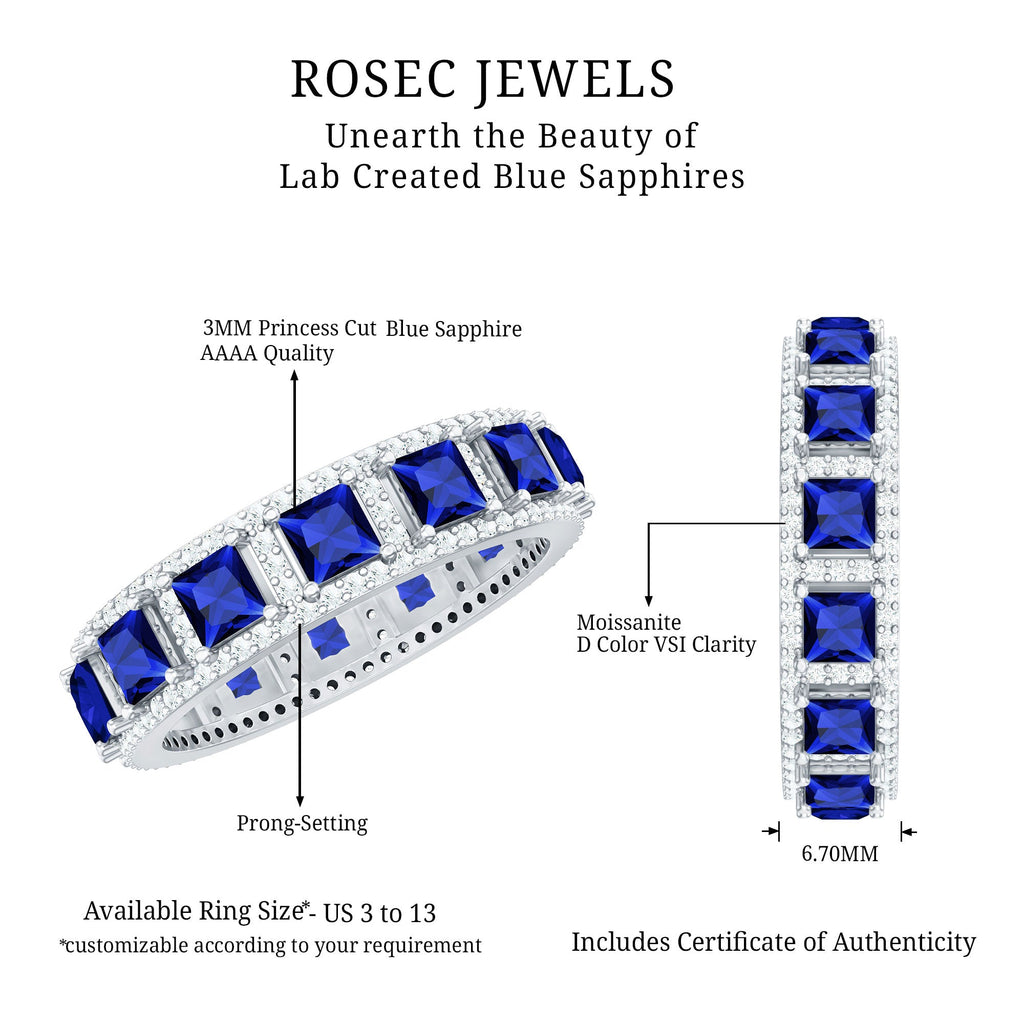 Lab Grown Blue Sapphire Wedding Band with Moissanite Accent