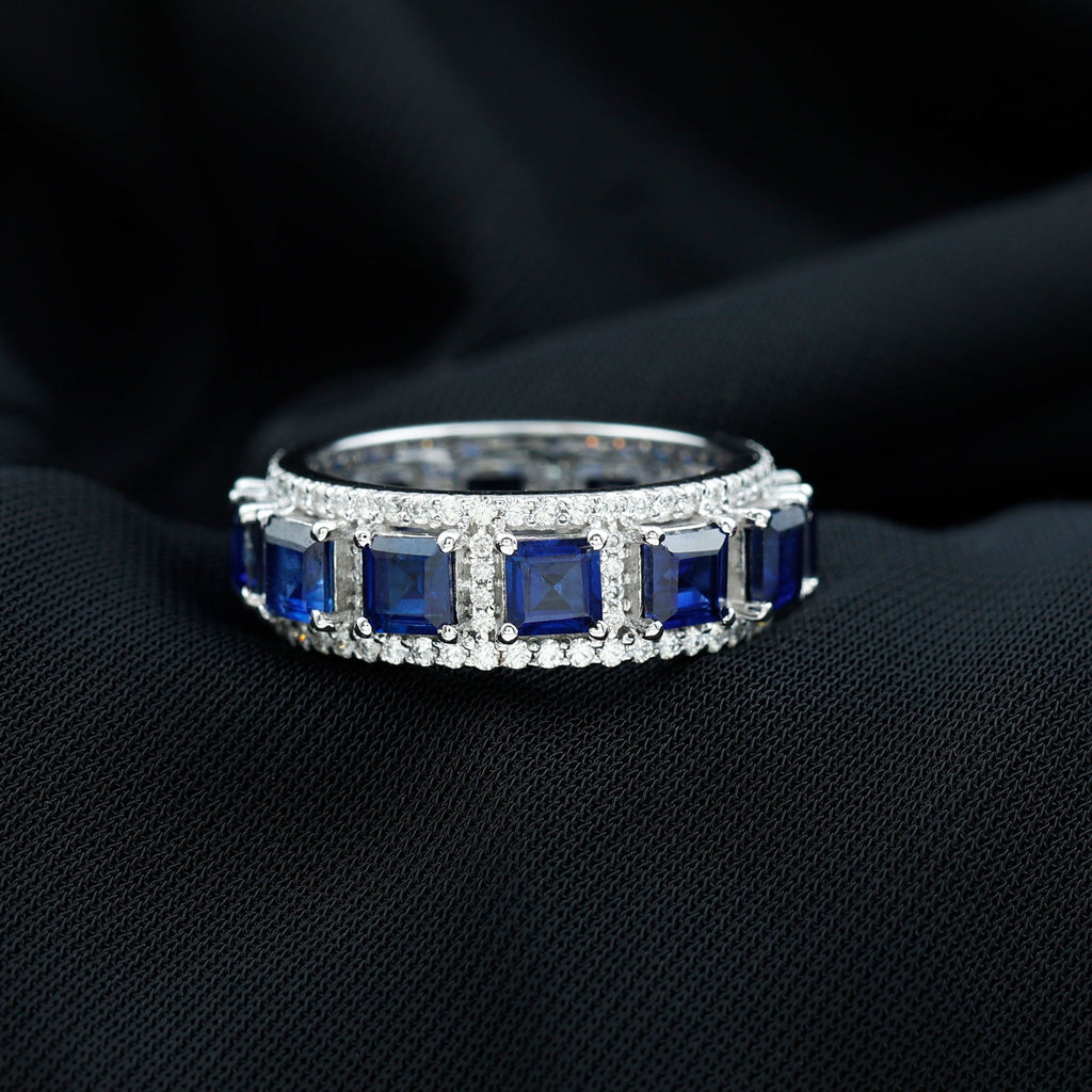 Lab Grown Blue Sapphire Wedding Band with Moissanite Accent