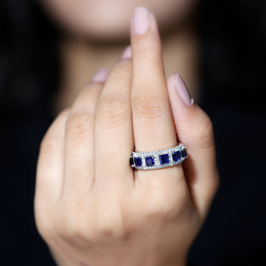 Lab Grown Blue Sapphire Wedding Band with Moissanite Accent