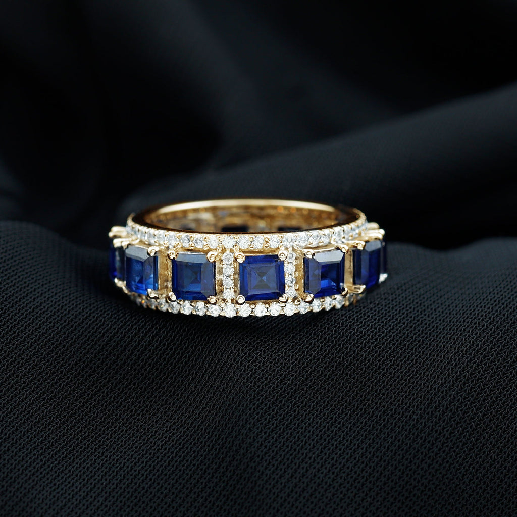 Lab Grown Blue Sapphire Wedding Band with Moissanite Accent