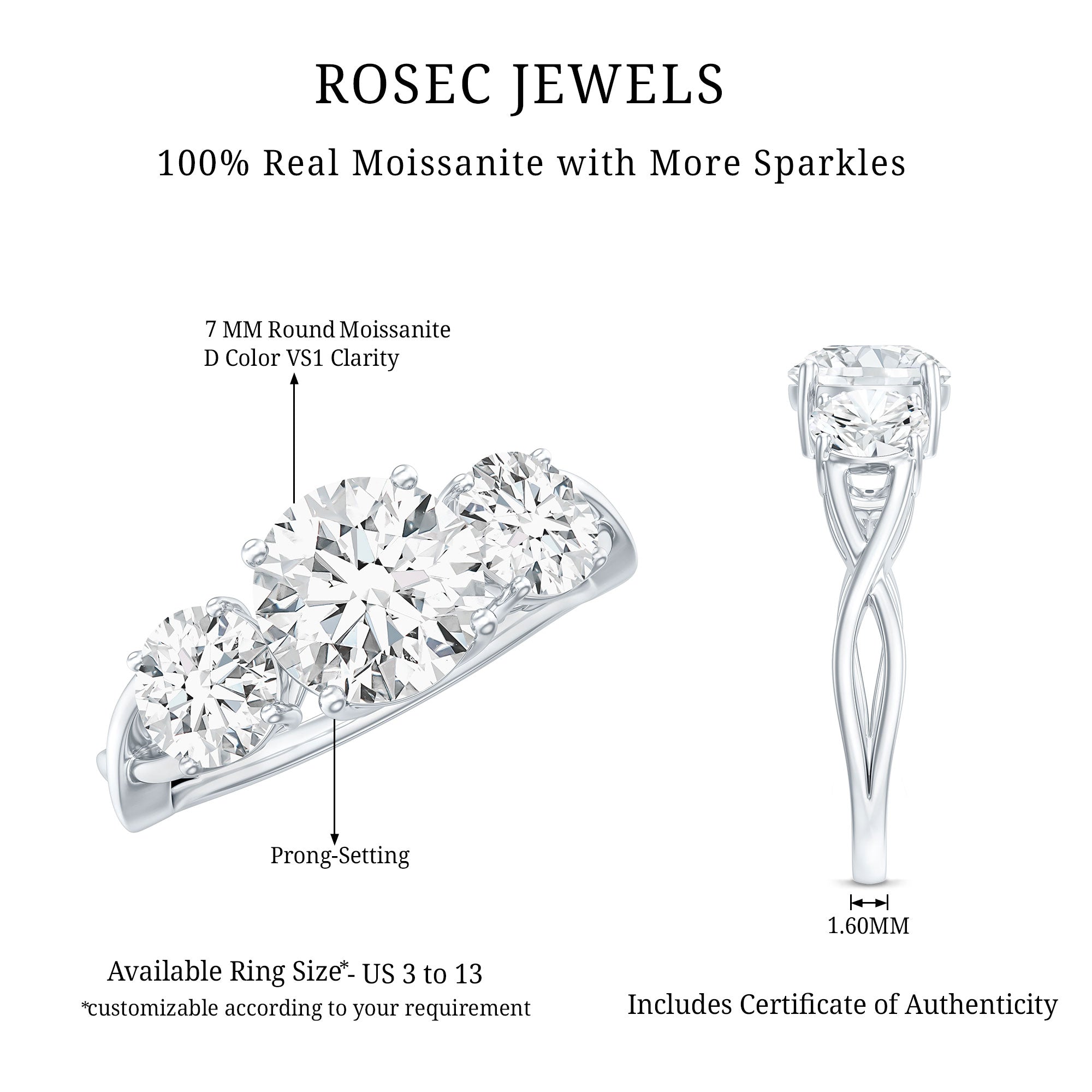 3 Stone Round Moissanite Crossover Engagement Ring