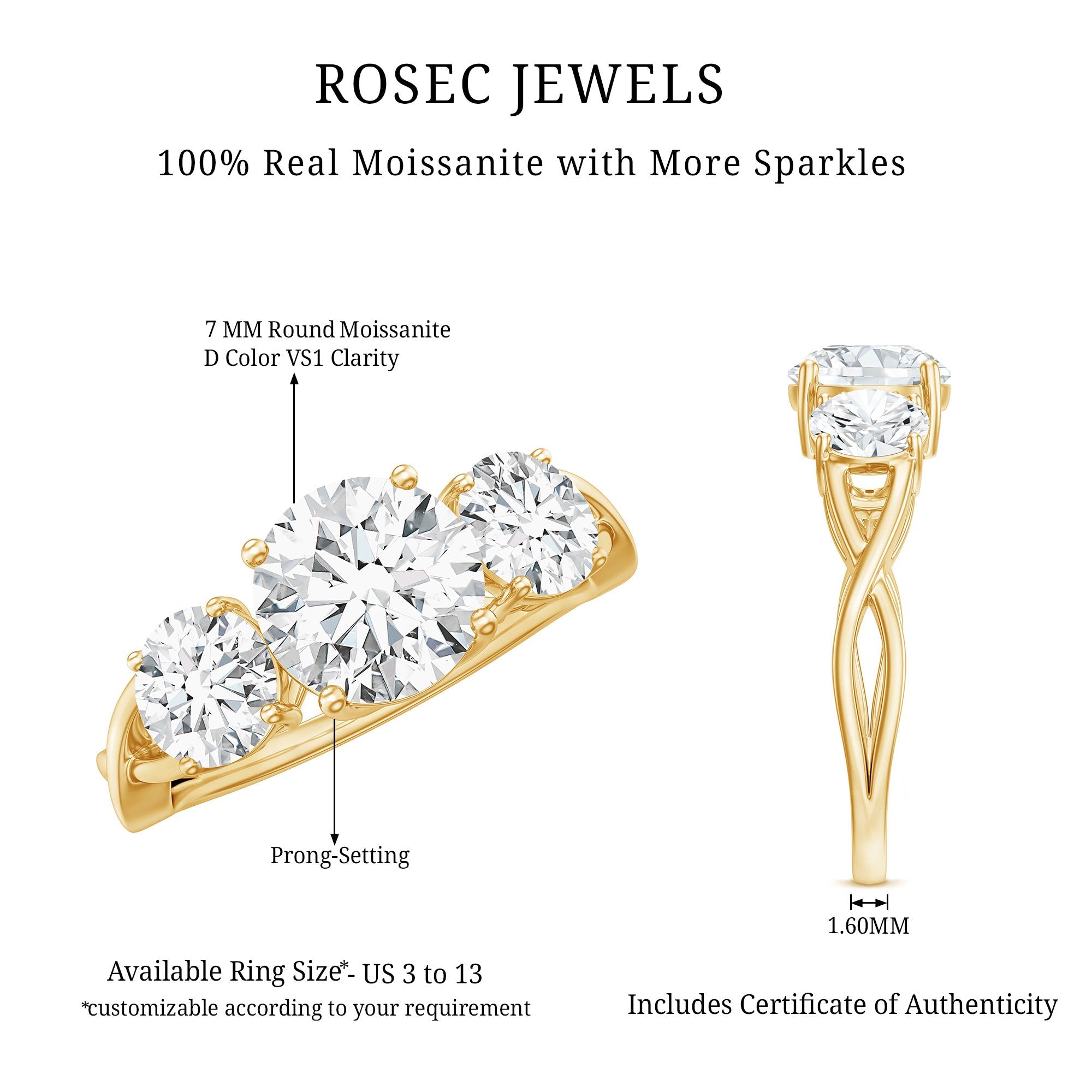 3 Stone Round Moissanite Crossover Engagement Ring