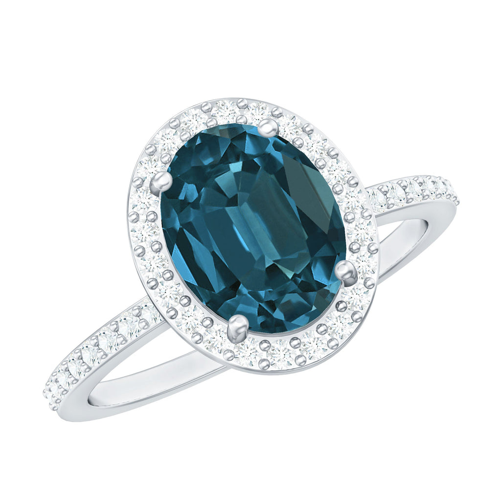 8X10mm Oval Cut London Blue Topaz Oblong Engagement Ring with Diamond Halo