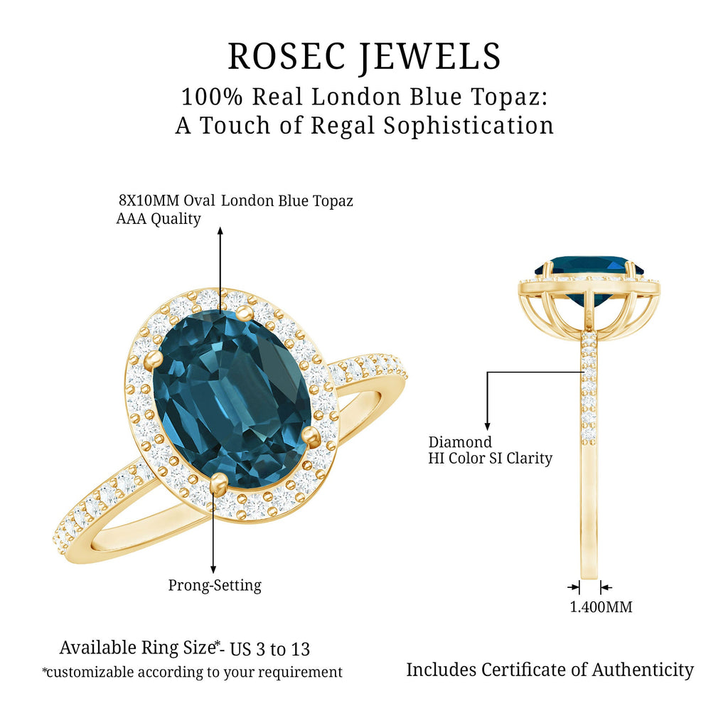 8X10mm Oval Cut London Blue Topaz Oblong Engagement Ring with Diamond Halo