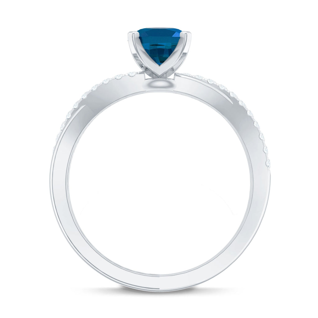 6X8mm Oval Cut London Blue Topaz Solitaire Engagement Ring with Diamond Spiral Shank