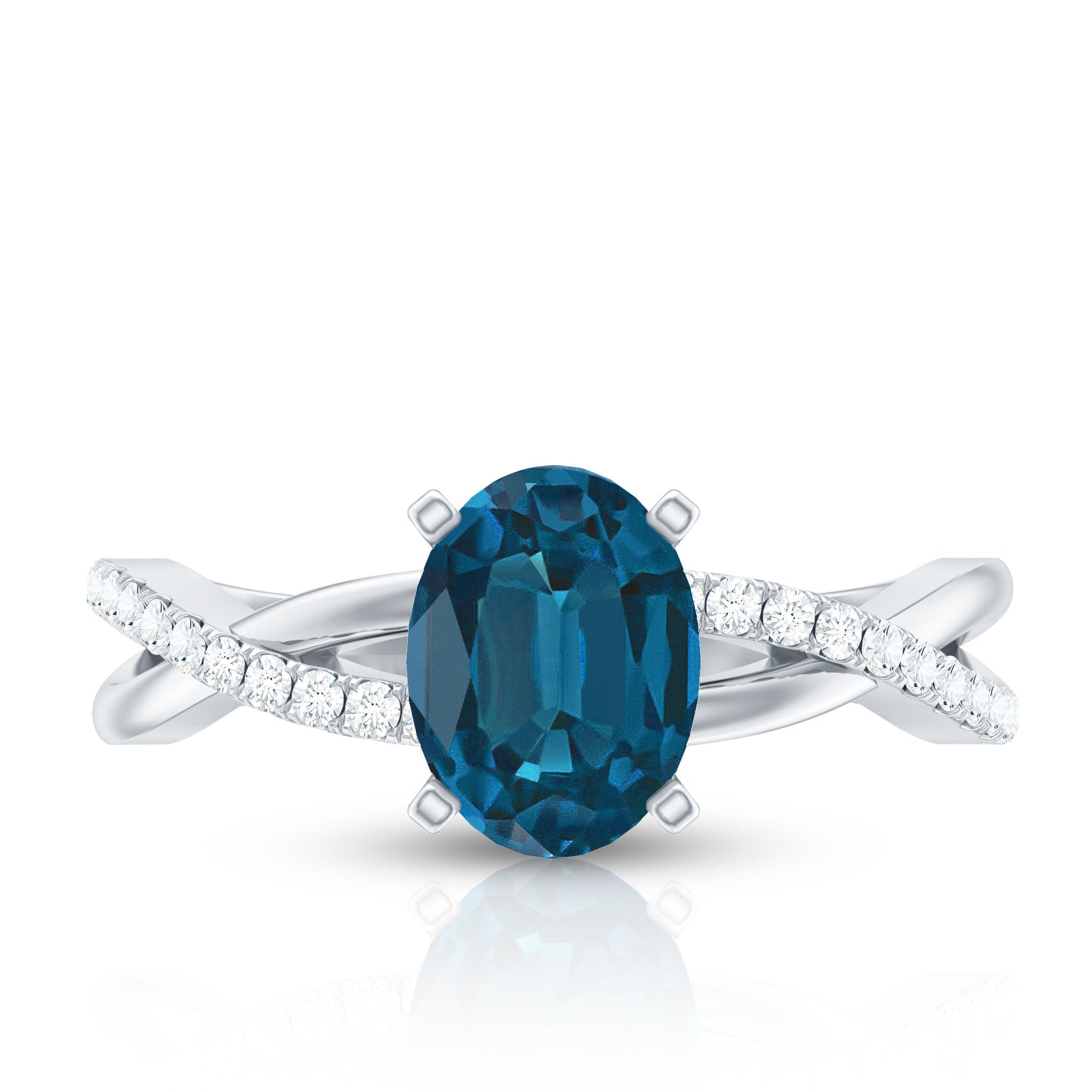 6X8mm Oval Cut London Blue Topaz Solitaire Engagement Ring with Diamond Spiral Shank