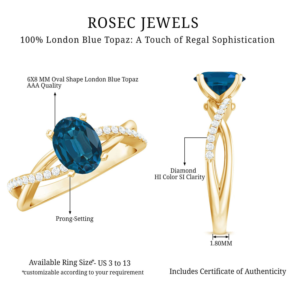 6X8mm Oval Cut London Blue Topaz Solitaire Engagement Ring with Diamond Spiral Shank