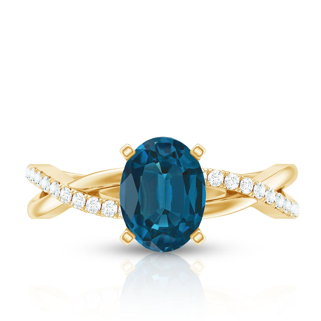 6X8mm Oval Cut London Blue Topaz Solitaire Engagement Ring with Diamond Spiral Shank