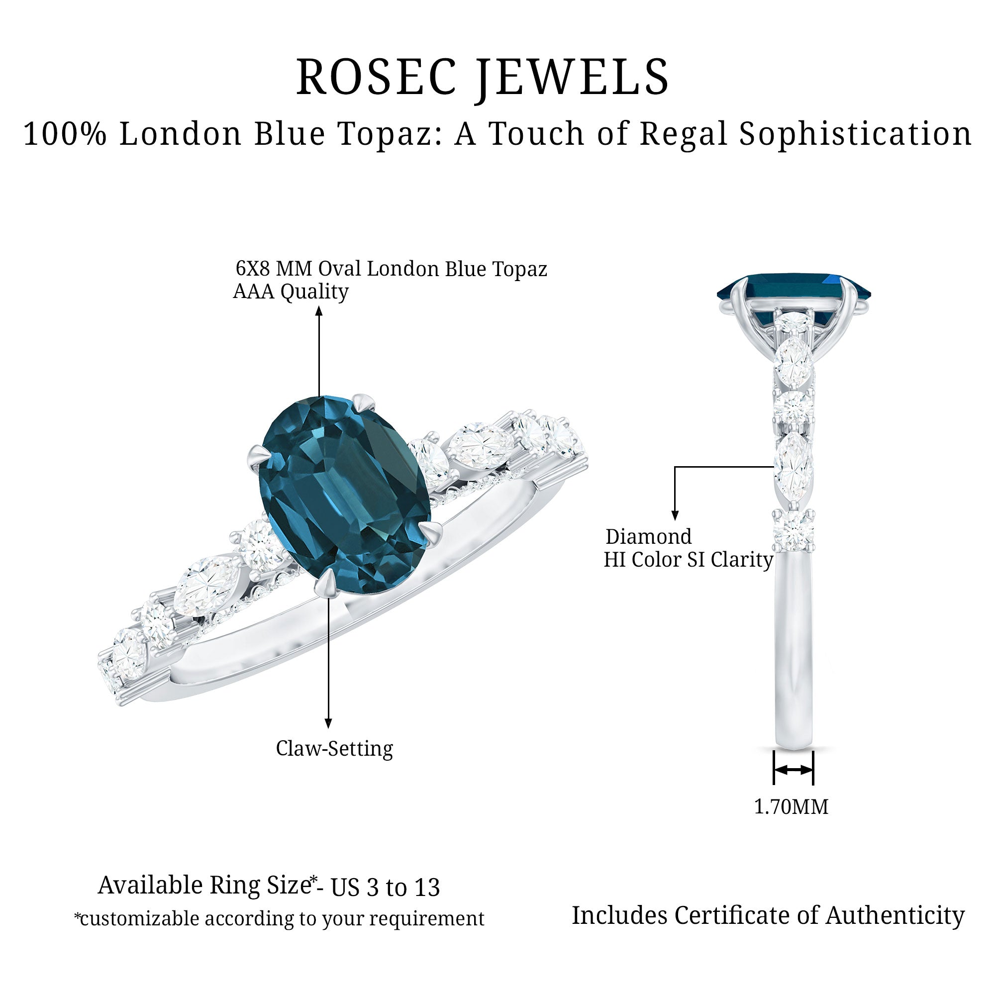 6X8mm Oval Cut London Blue Topaz Vintage Engagement Ring with Real Diamond