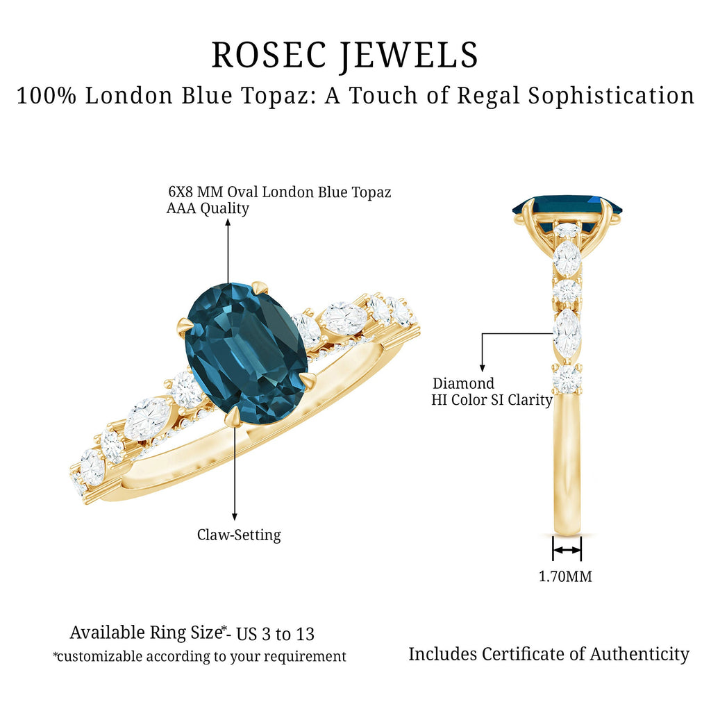 6X8mm Oval Cut London Blue Topaz Vintage Engagement Ring with Real Diamond