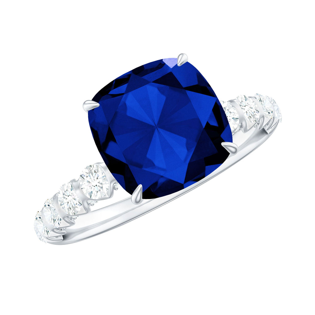 Classic 2.75 Carat Lab Grown Blue Sapphire Cushion Cut Engagement Ring with Diamond
