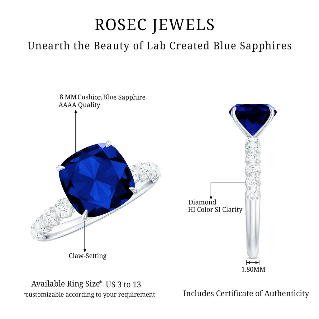 Classic 2.75 Carat Lab Grown Blue Sapphire Cushion Cut Engagement Ring with Diamond
