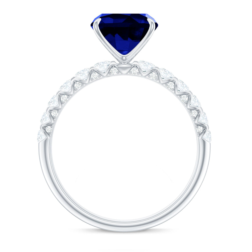 Classic 2.75 Carat Lab Grown Blue Sapphire Cushion Cut Engagement Ring with Diamond