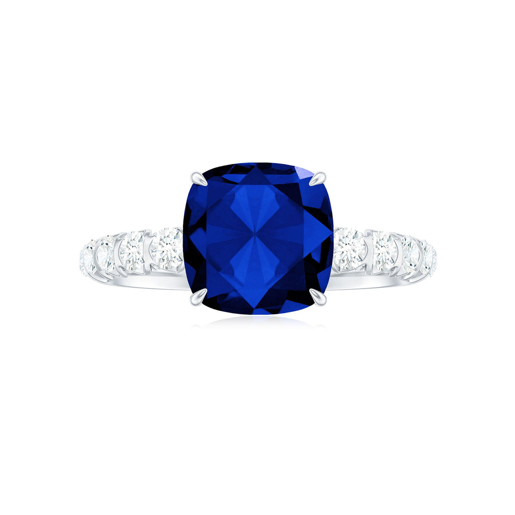 Classic 2.75 Carat Lab Grown Blue Sapphire Cushion Cut Engagement Ring with Diamond
