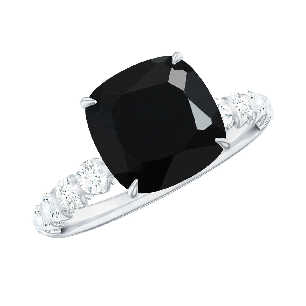 Cushion Cut Created Black Diamond and Diamond Solitaire Ring