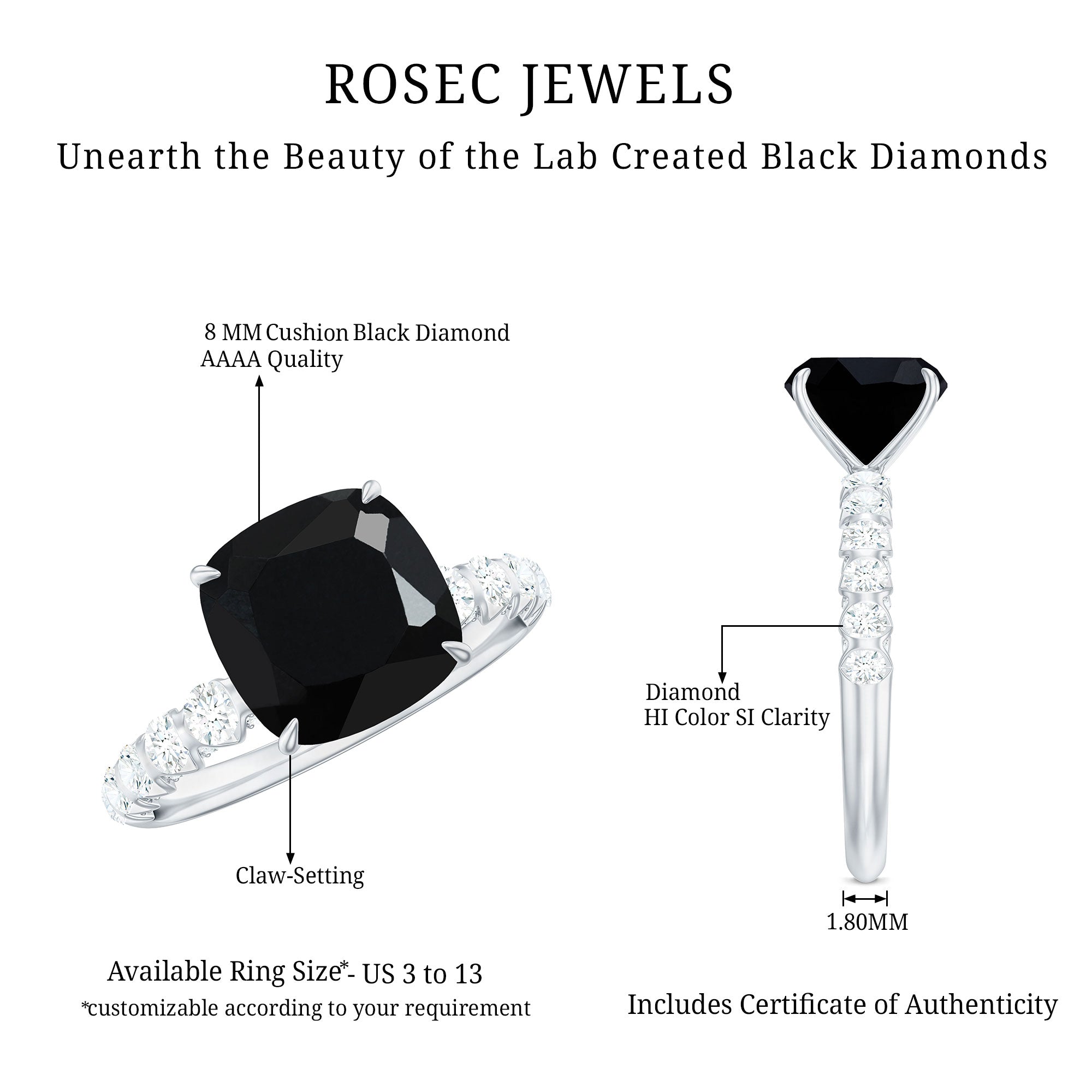 Cushion Cut Created Black Diamond and Diamond Solitaire Ring