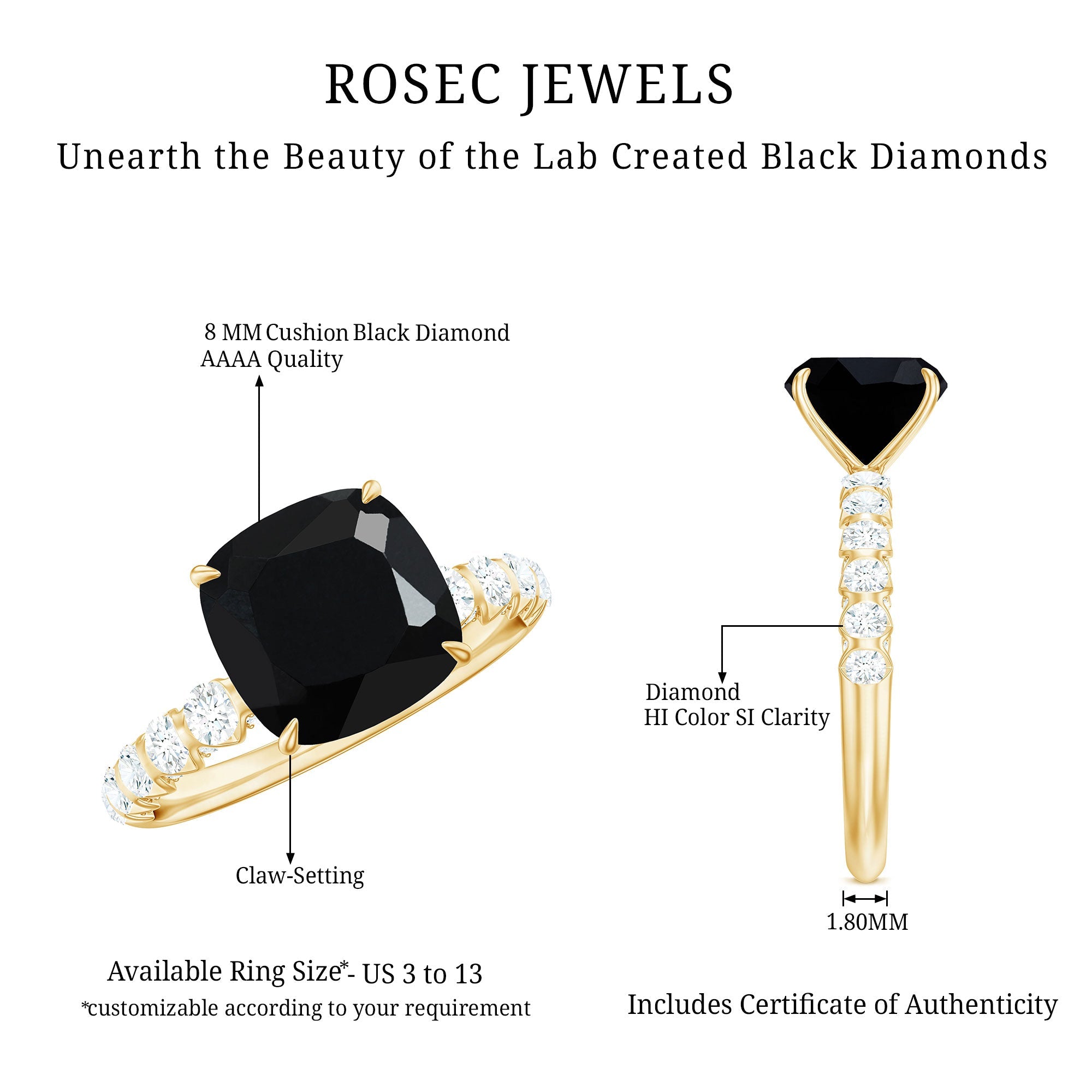 Cushion Cut Created Black Diamond and Diamond Solitaire Ring