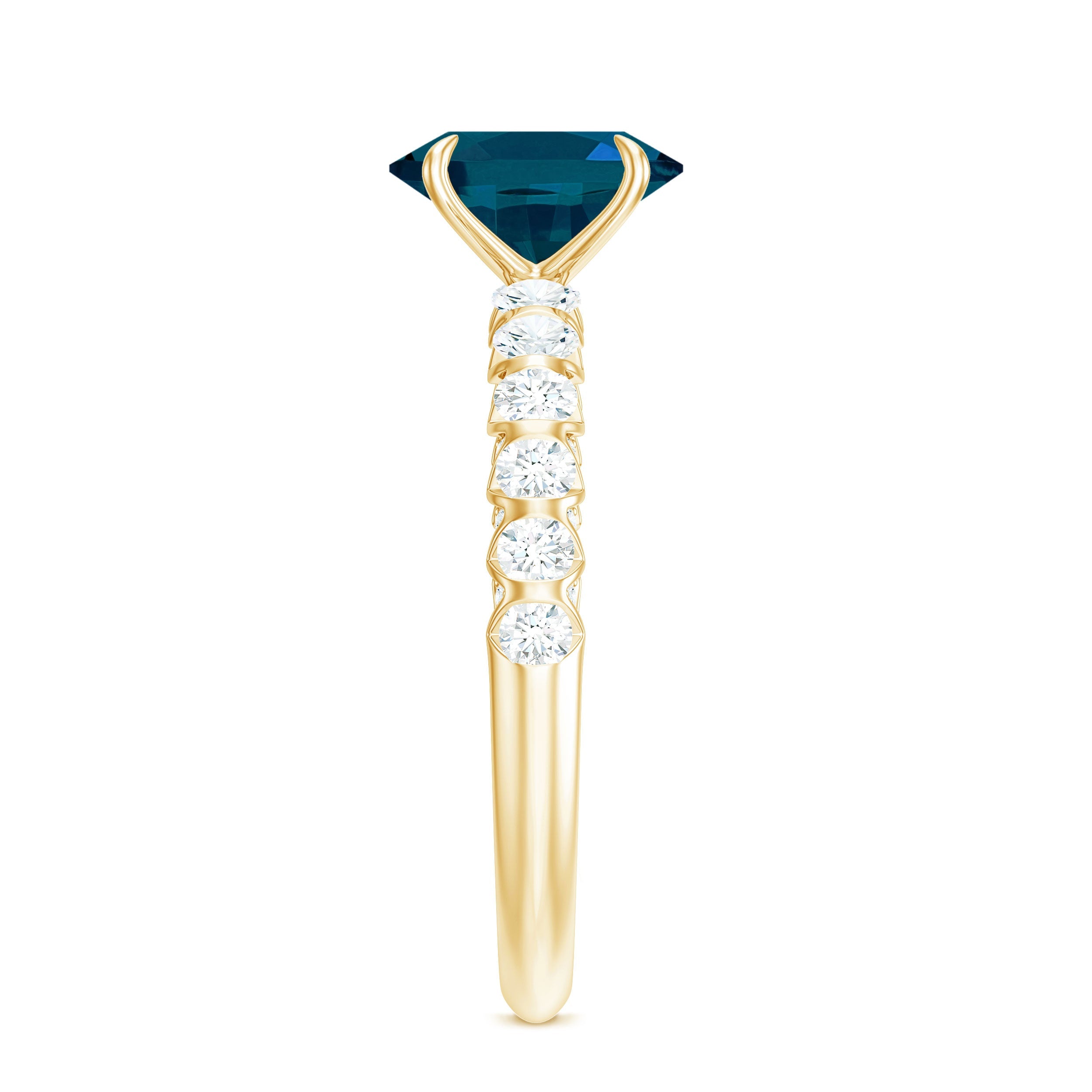 6X8mm Oval Cut London Blue Topaz Solitaire Engagement Ring with Diamond Side Stones