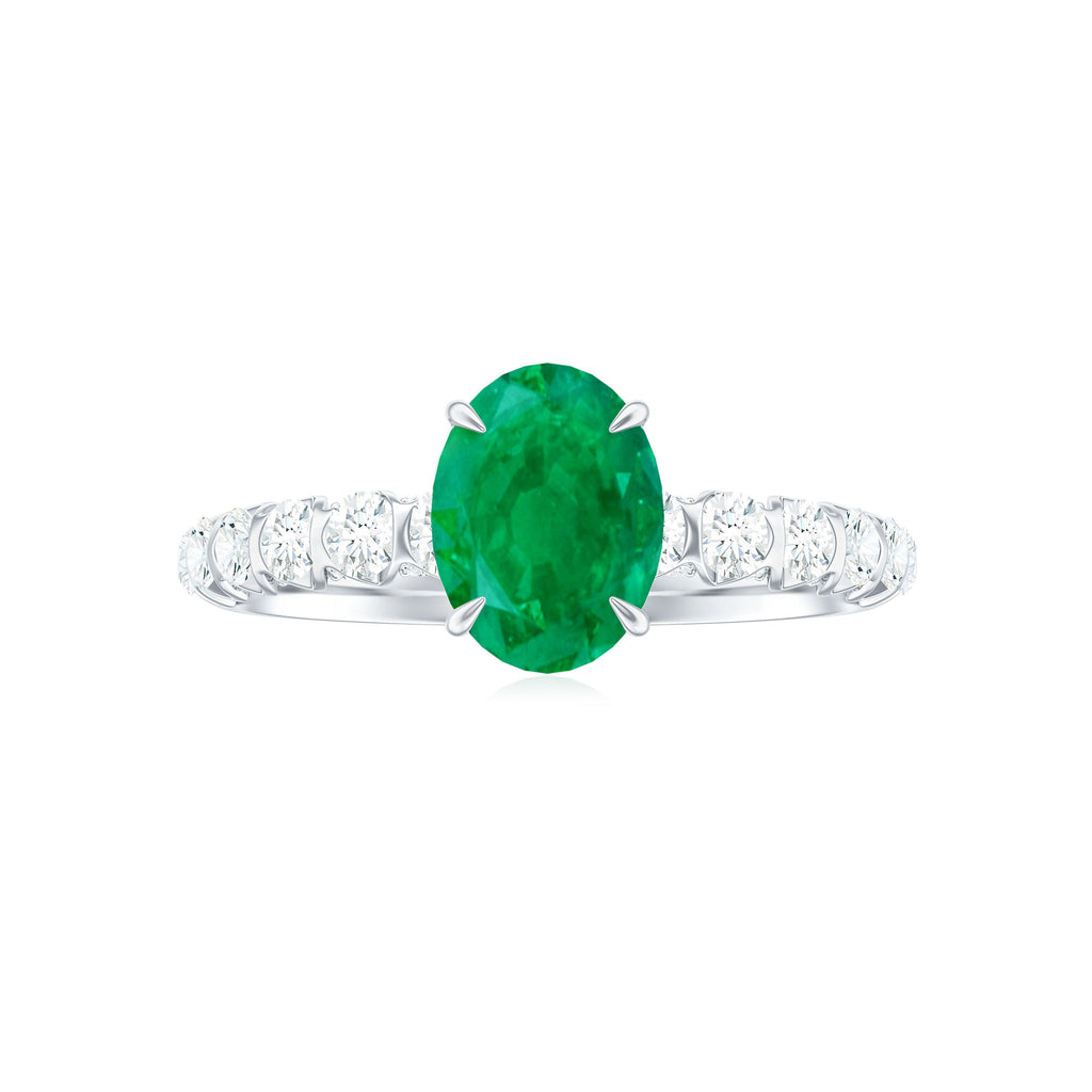 Natural 6X8mm Emerald Oval Engagement Ring with Diamond Side Stones