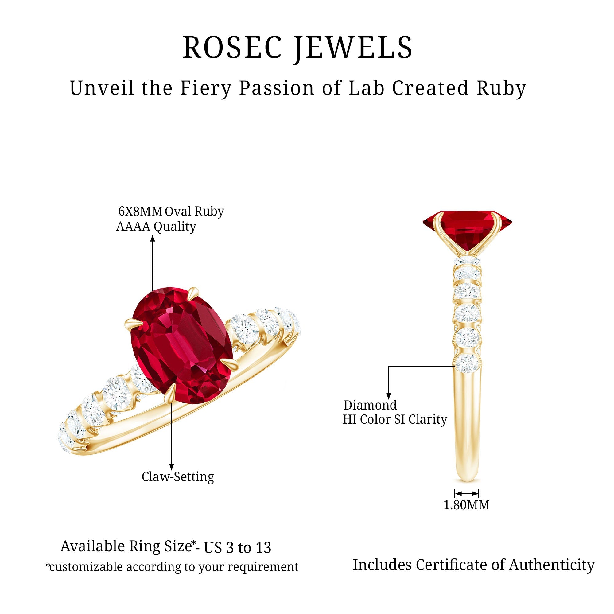 2.25 CT Oval Cut Created Ruby Solitaire Engagement Ring with Diamond Side Stones