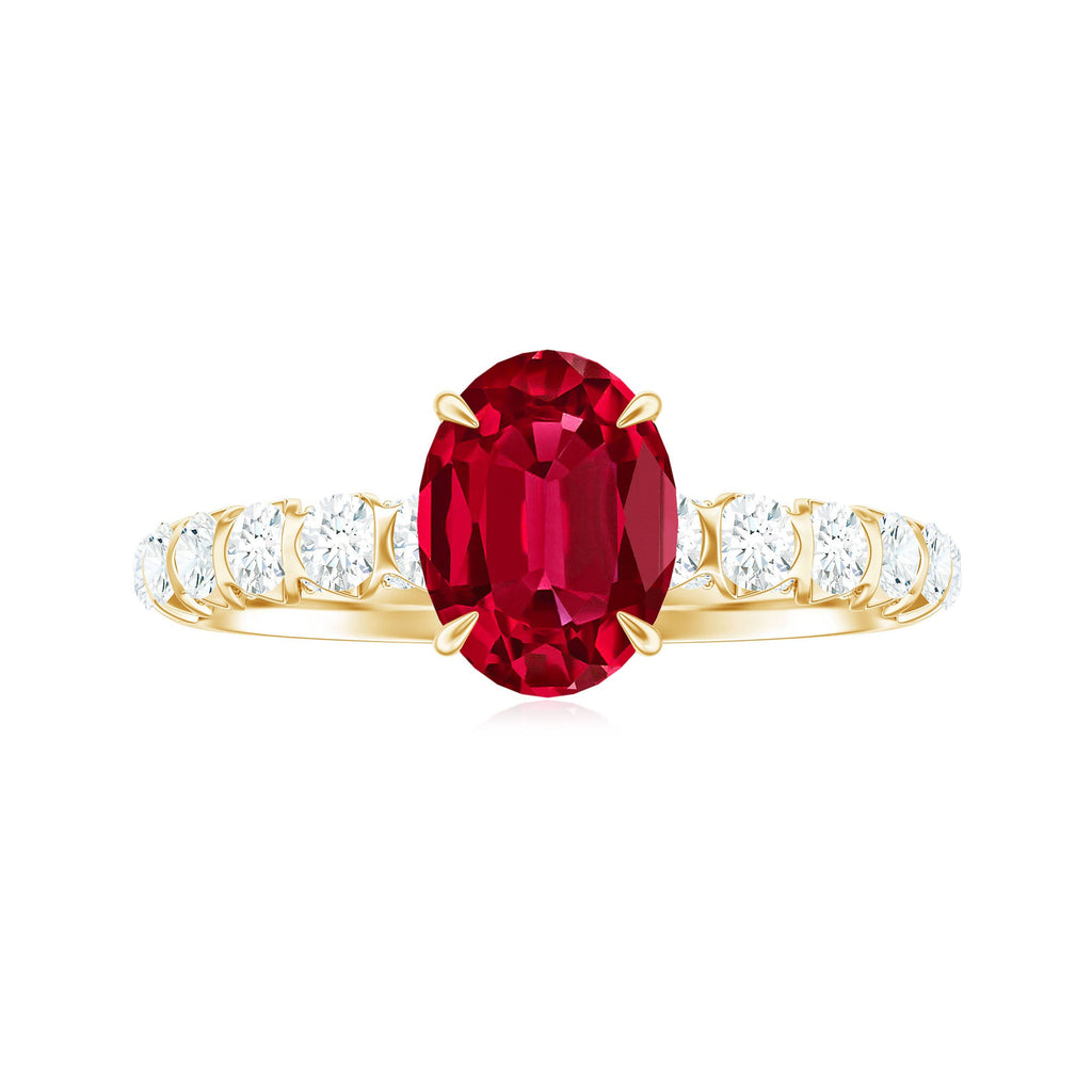 2.25 CT Oval Cut Created Ruby Solitaire Engagement Ring with Diamond Side Stones
