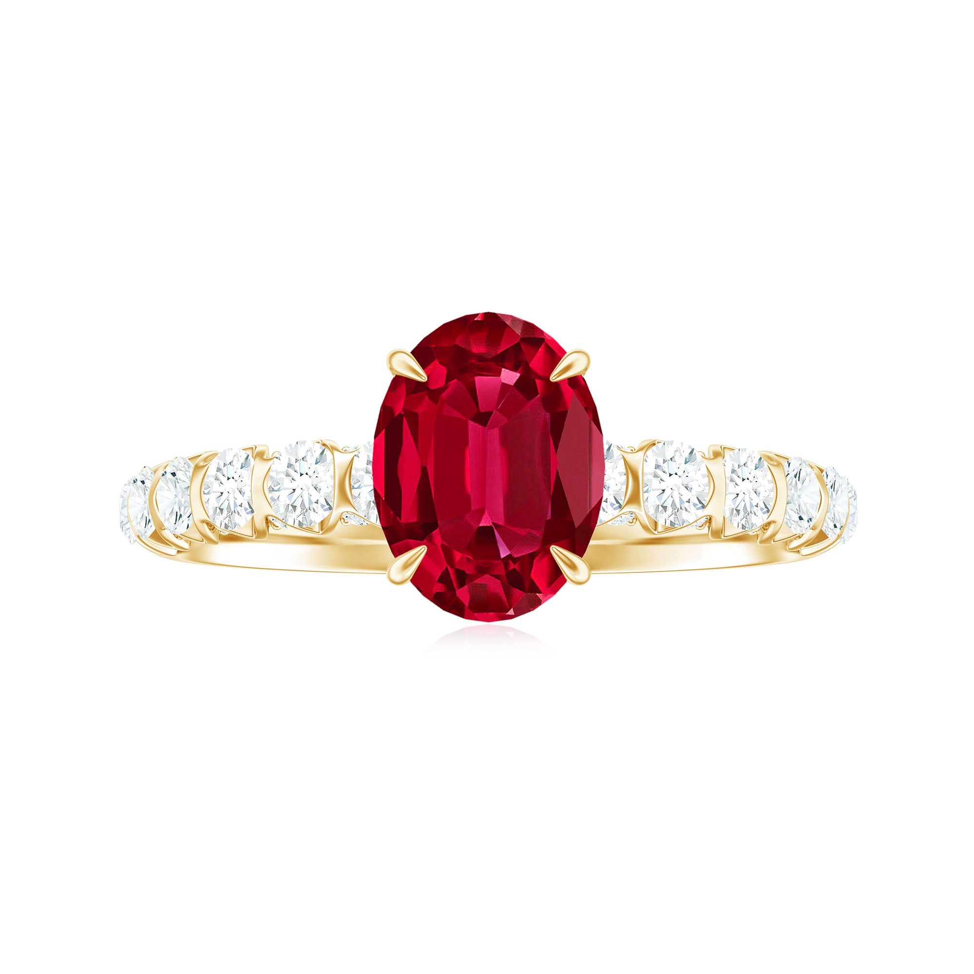 2.25 CT Oval Cut Created Ruby Solitaire Engagement Ring with Diamond Side Stones