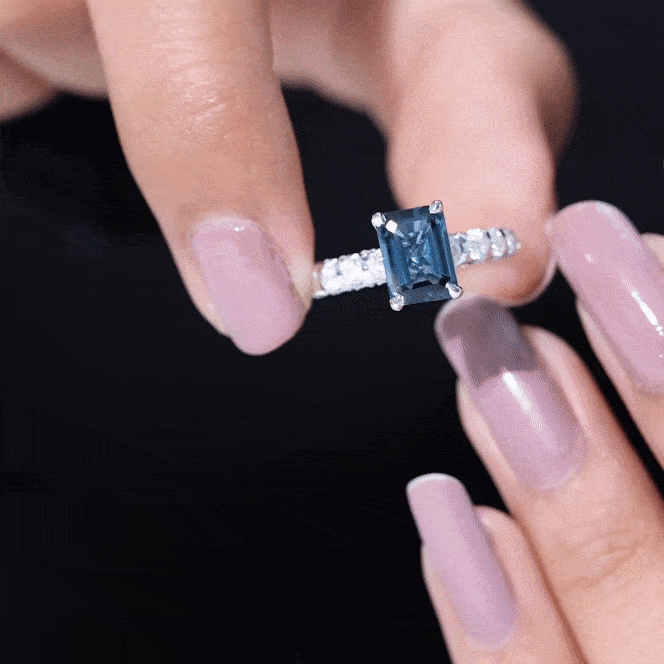 6X8mm Emerald Cut London Blue Topaz Engagement Ring with Diamond Side Stones