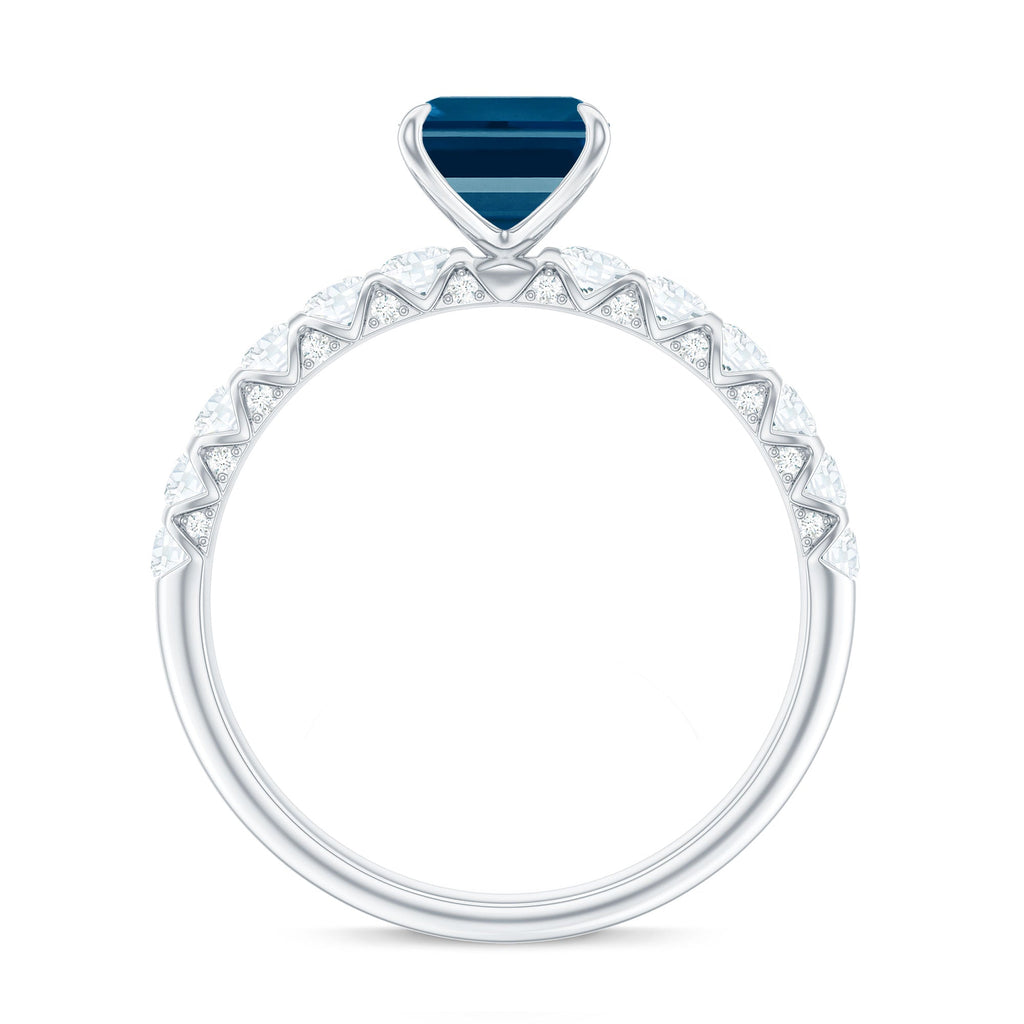 6X8mm Emerald Cut London Blue Topaz Engagement Ring with Diamond Side Stones