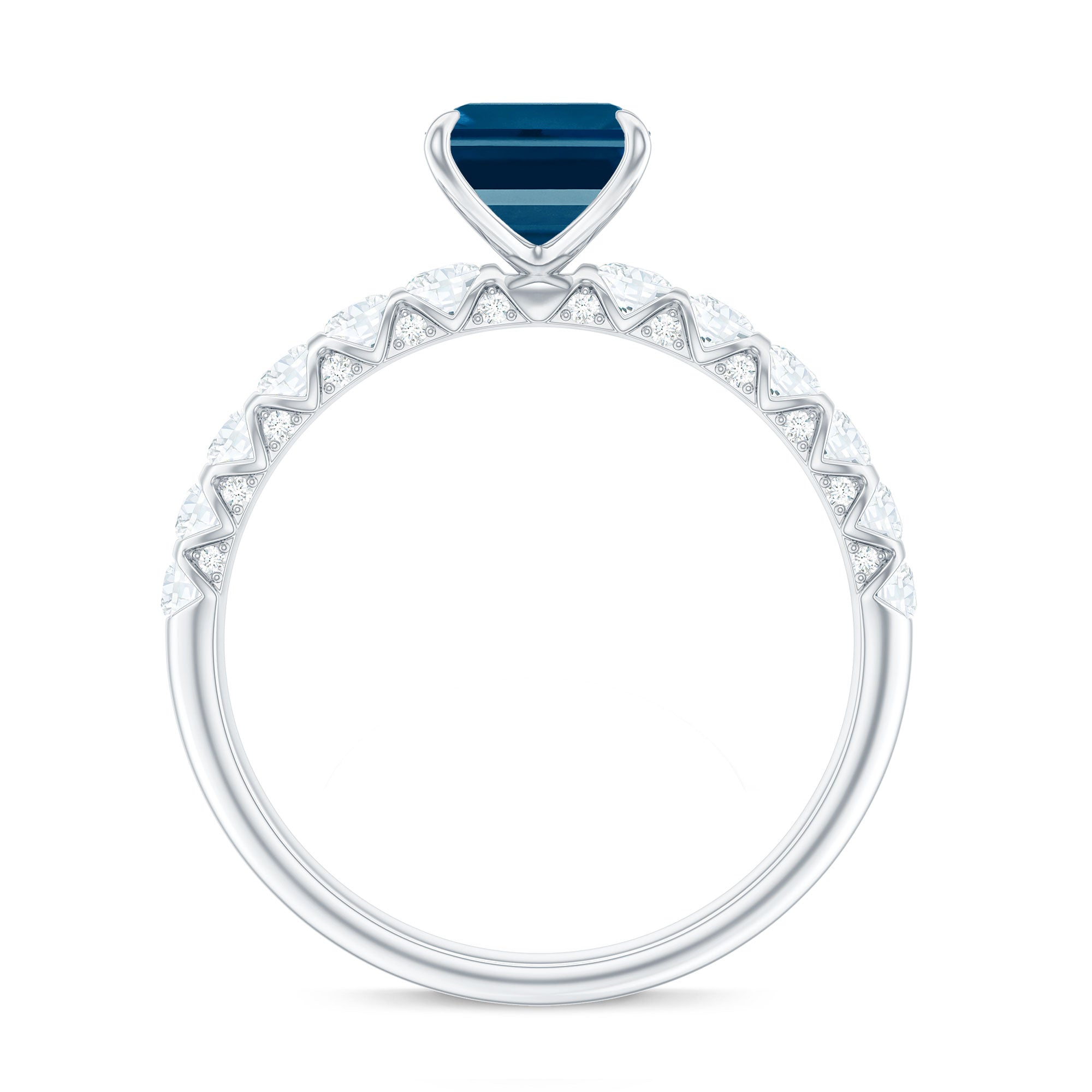6X8mm Emerald Cut London Blue Topaz Engagement Ring with Diamond Side Stones