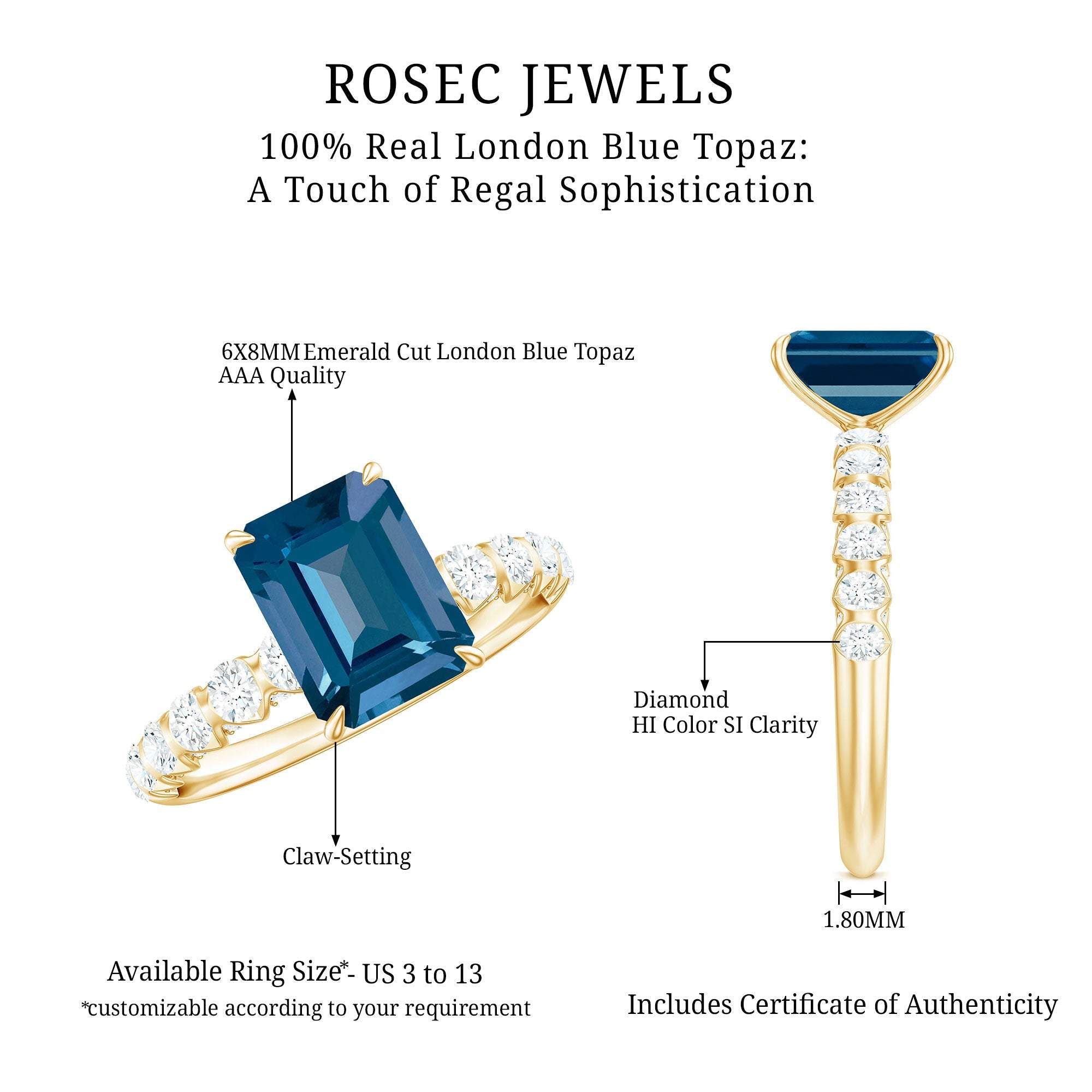 6X8mm Emerald Cut London Blue Topaz Engagement Ring with Diamond Side Stones