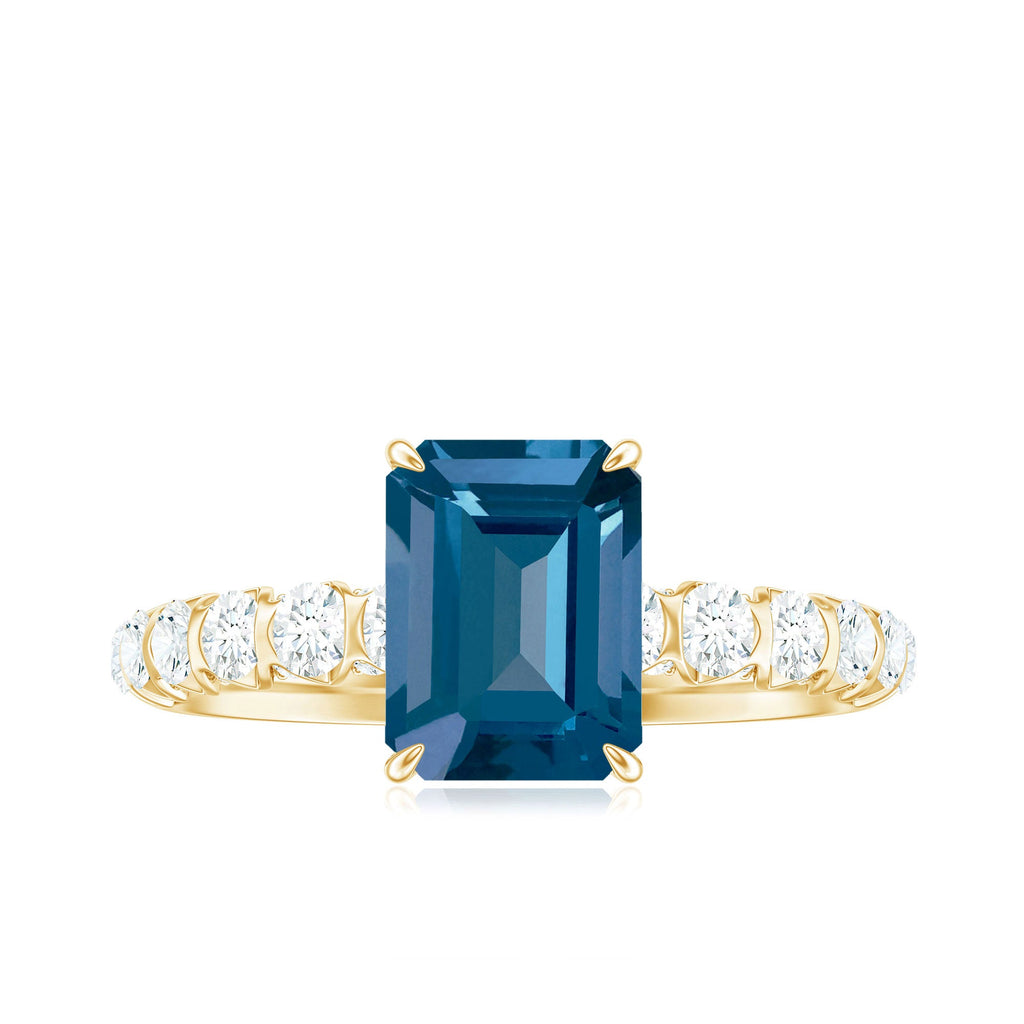 6X8mm Emerald Cut London Blue Topaz Engagement Ring with Diamond Side Stones