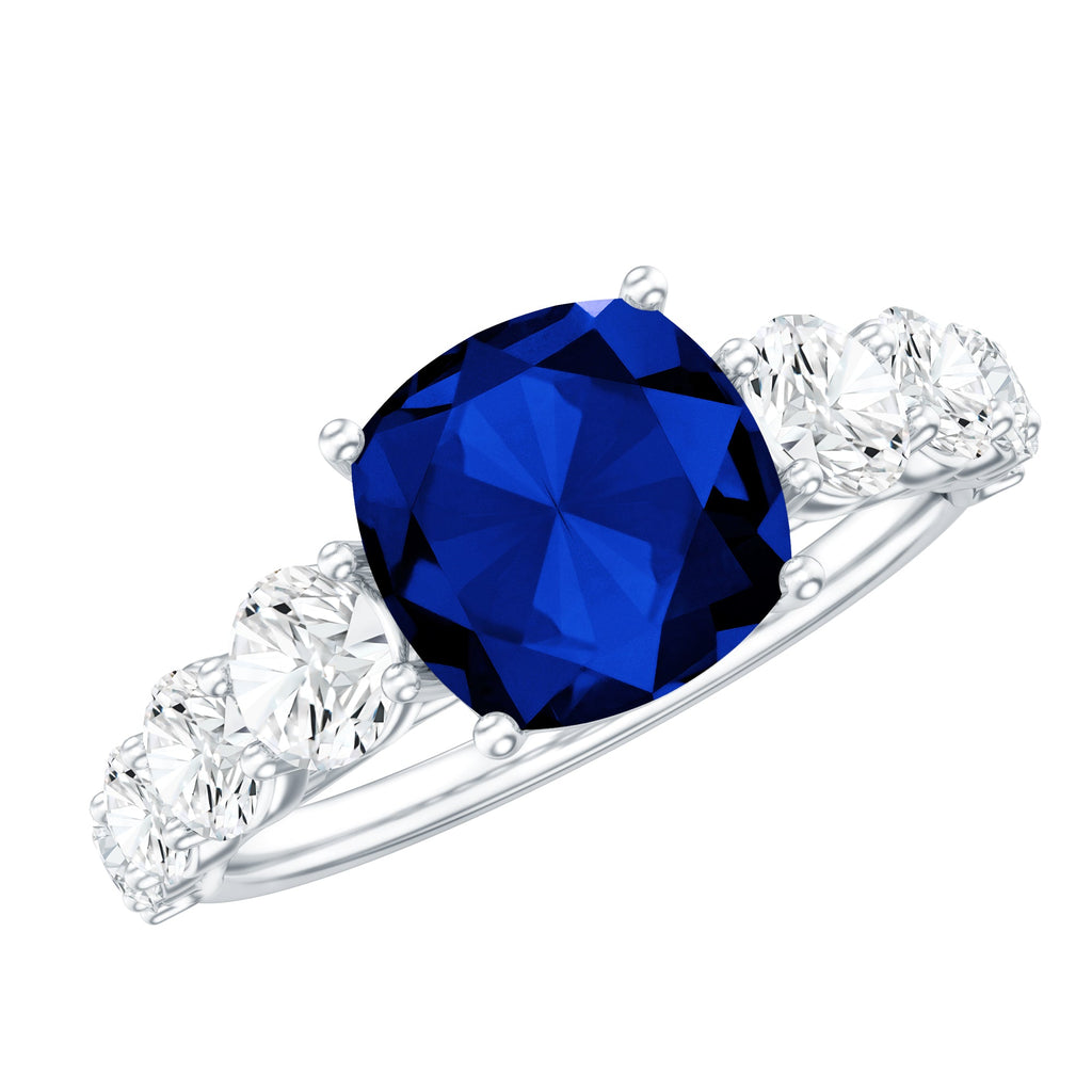 Certified 2.75 Carat Lab Grown Blue Sapphire Cushion Cut Engagement Ring with Moissanite