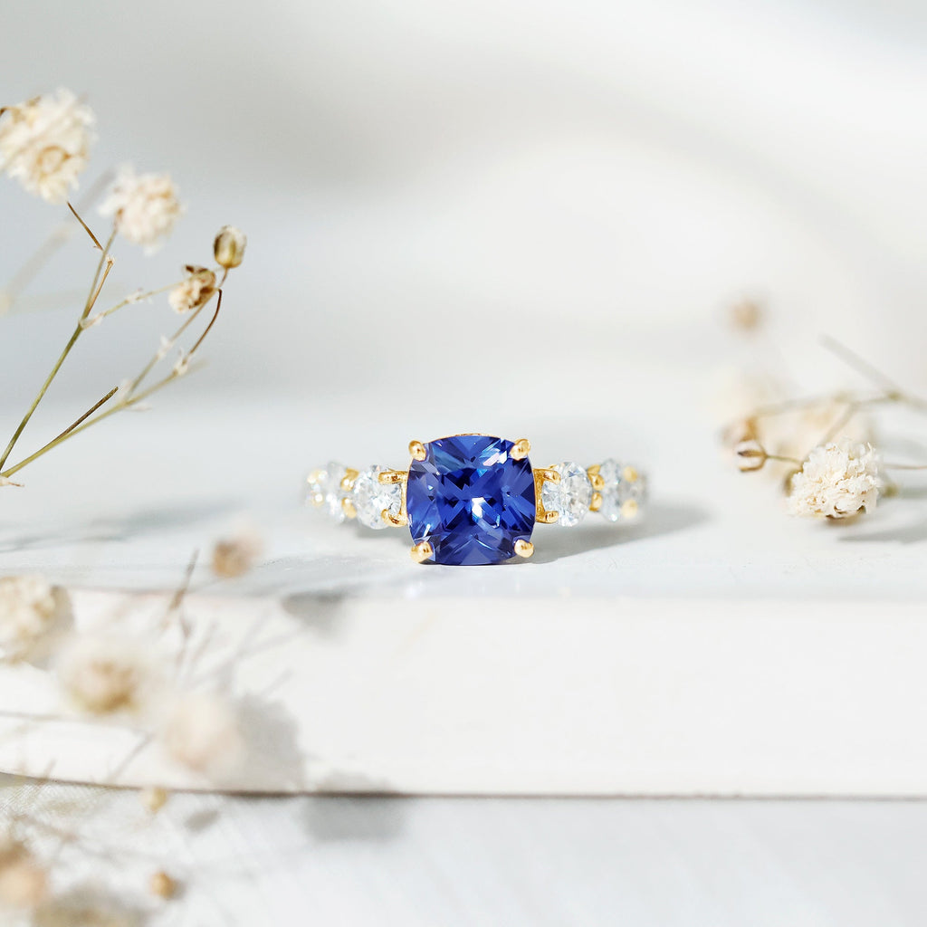 Certified 2.75 Carat Lab Grown Blue Sapphire Cushion Cut Engagement Ring with Moissanite