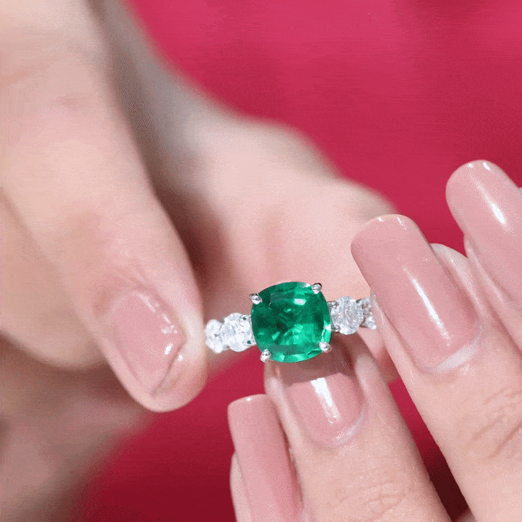 Lab Grown Emerald 8 MM Cushion Engagement Ring with Moissanite Side Stones