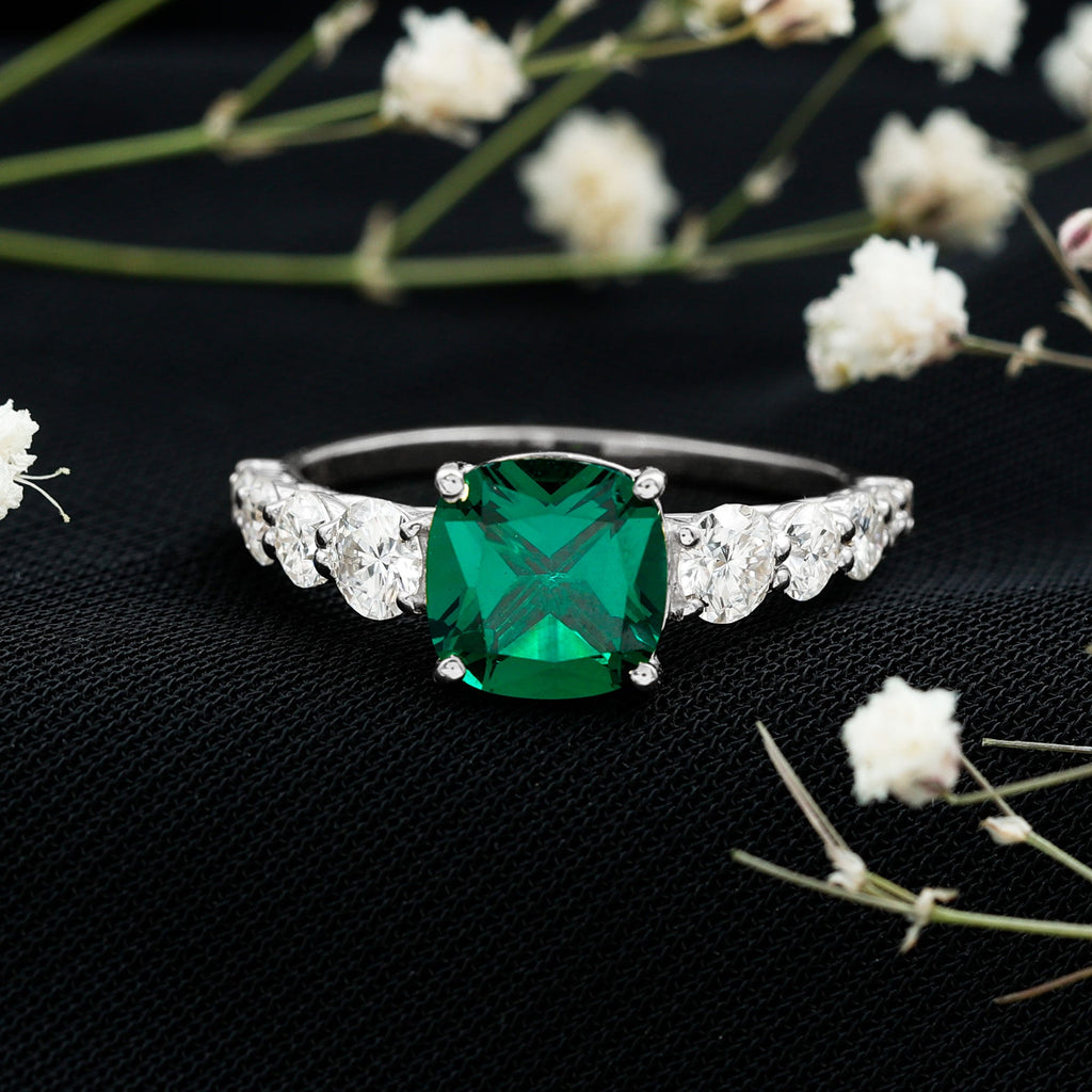 Lab Grown Emerald 8 MM Cushion Engagement Ring with Moissanite Side Stones