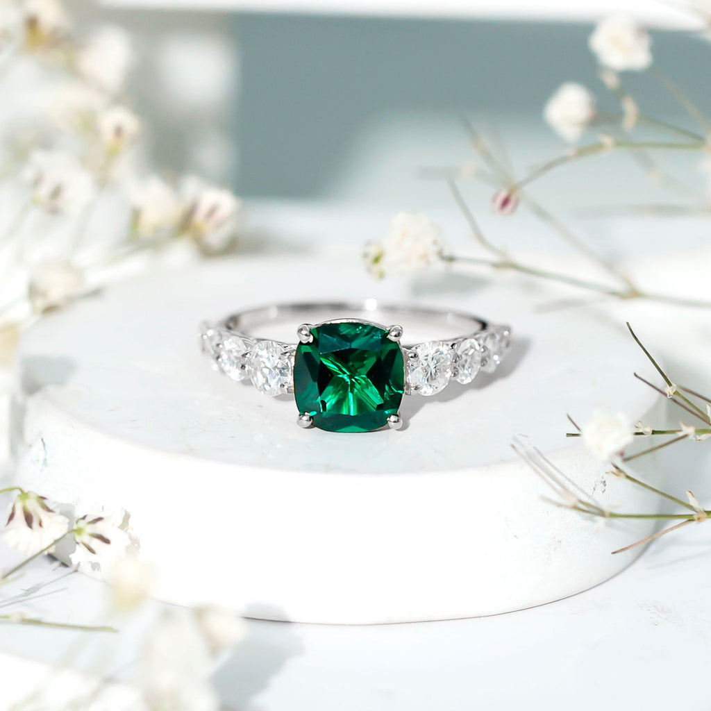 Lab Grown Emerald 8 MM Cushion Engagement Ring with Moissanite Side Stones